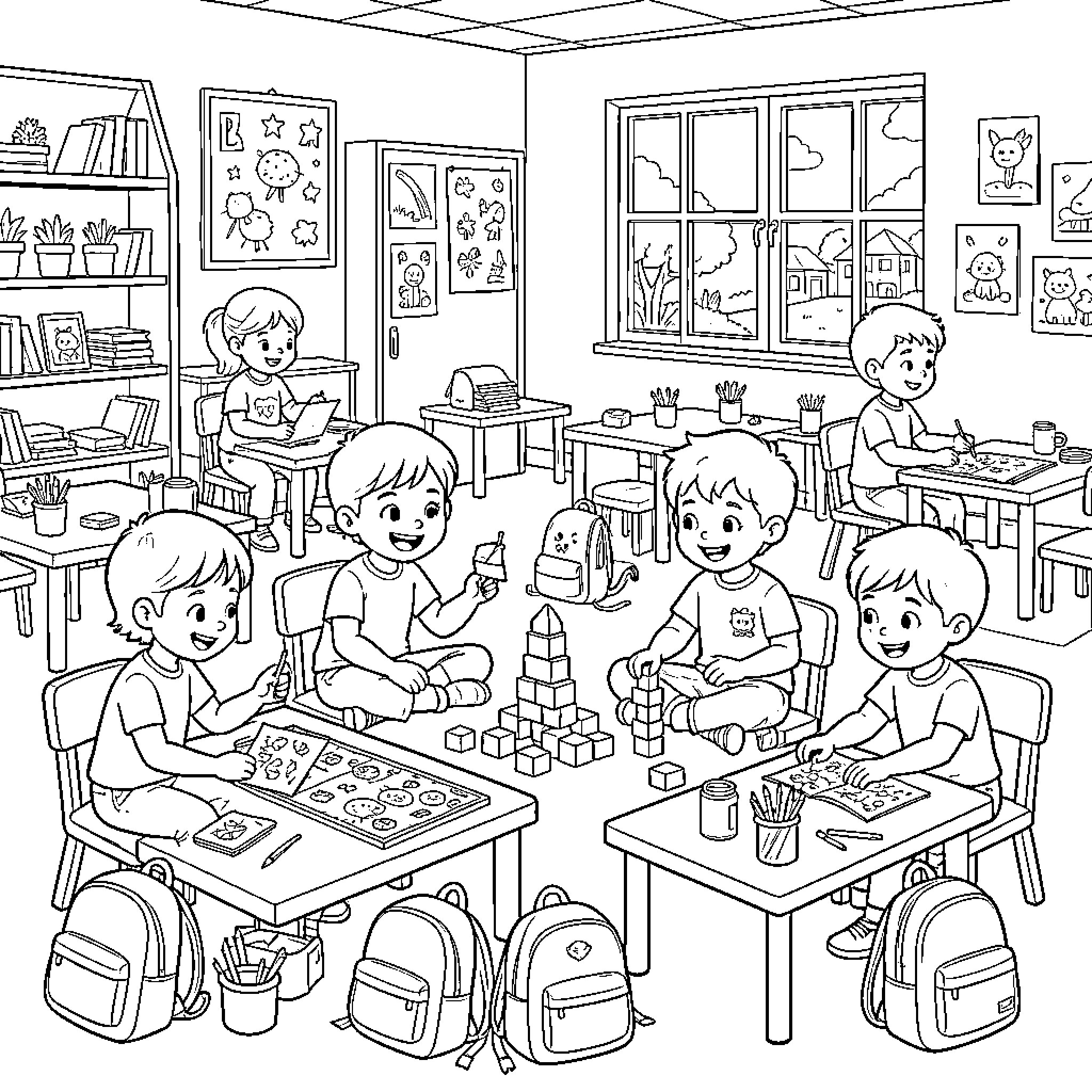 Child enjoying creative activities in the classroom Coloring Page (free black-and-white line drawing printable PDF for all, from beginners to advanced learners, including children, teens, adults, and seniors)