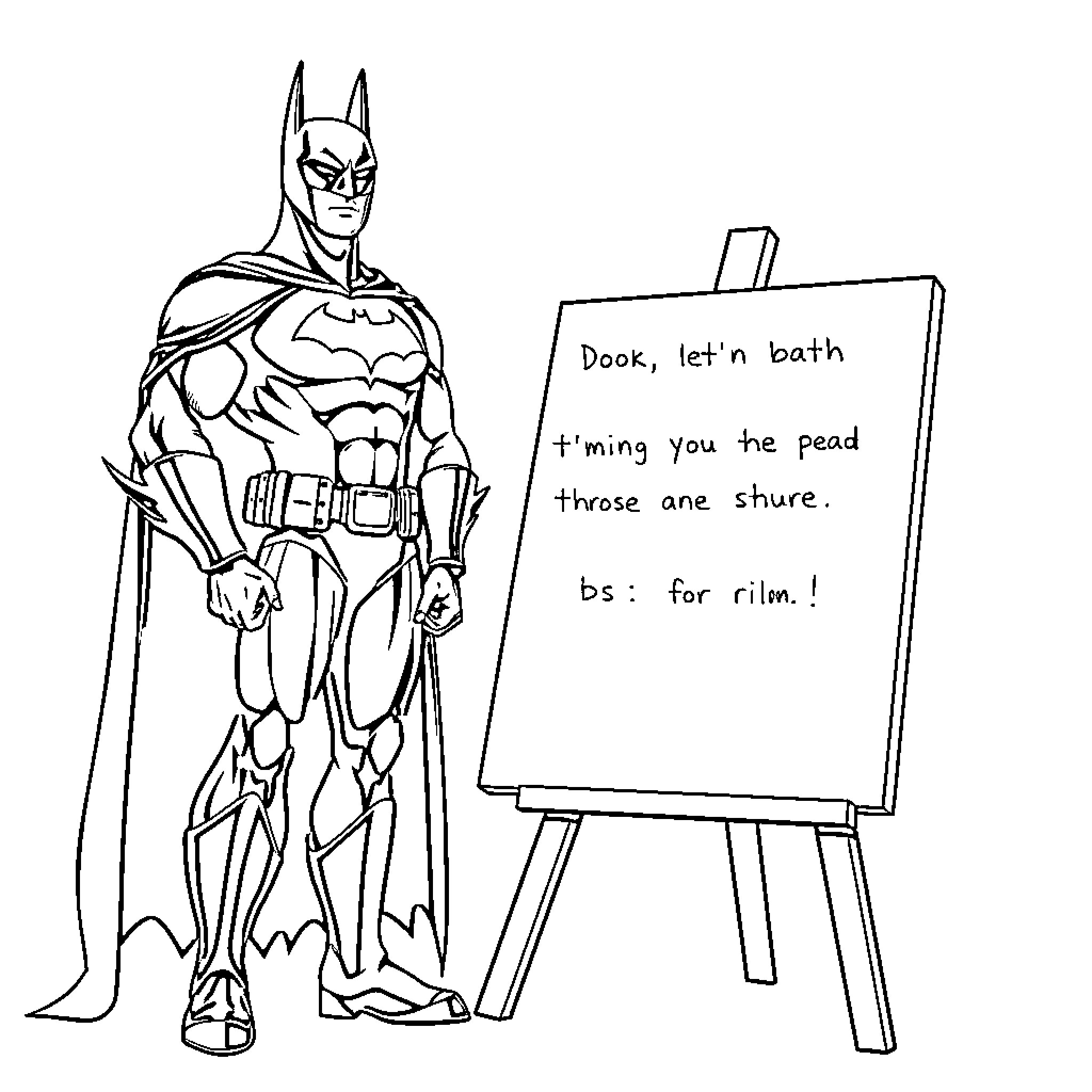 Batman Invites You to the Bath Coloring Page (free black-and-white line drawing printable PDF for all, from beginners to advanced learners, including children, teens, adults, and seniors)