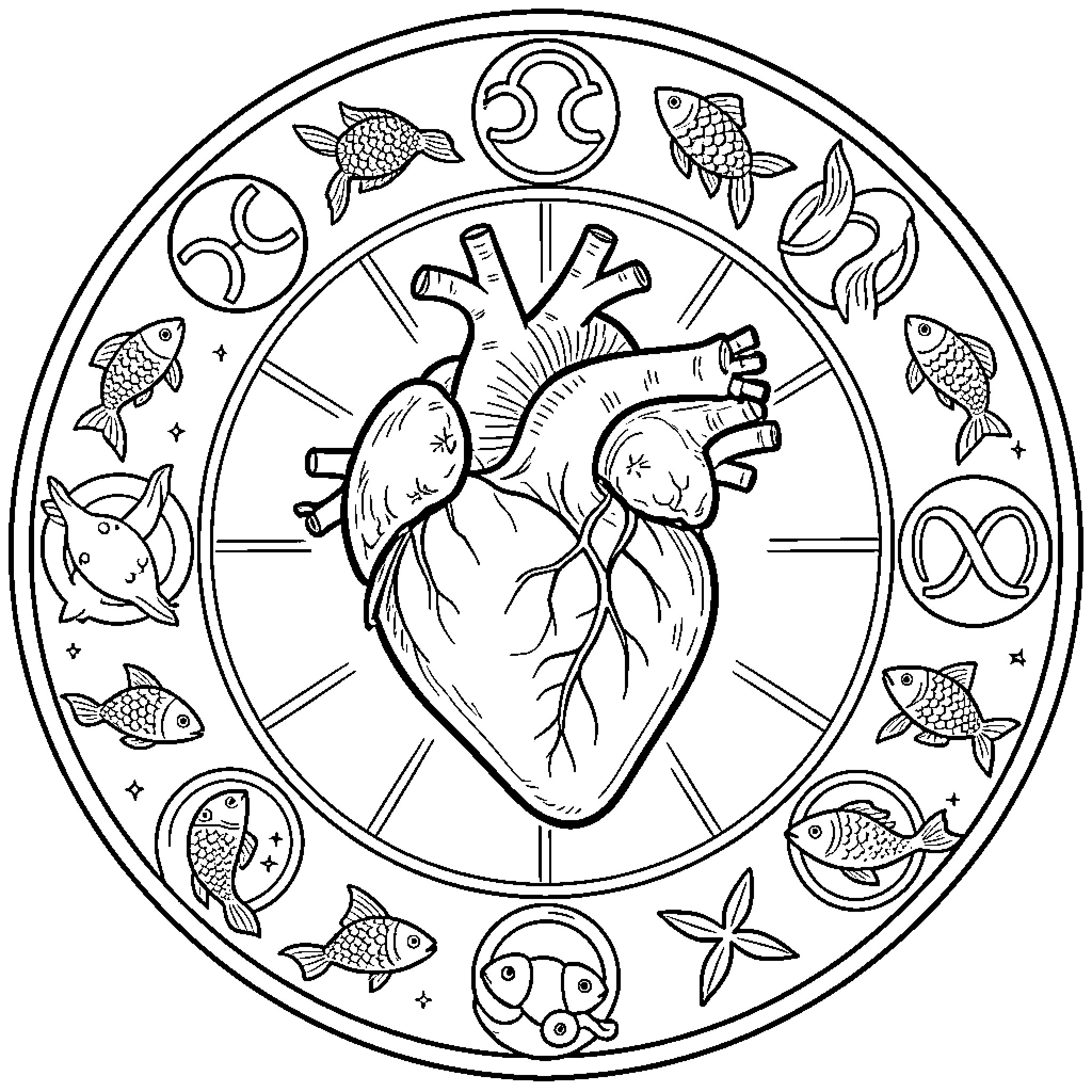 Heart surrounded by zodiac signs and aquatic creatures Coloring Page (free black-and-white line drawing printable PDF for all, from beginners to advanced learners, including children, teens, adults, and seniors)