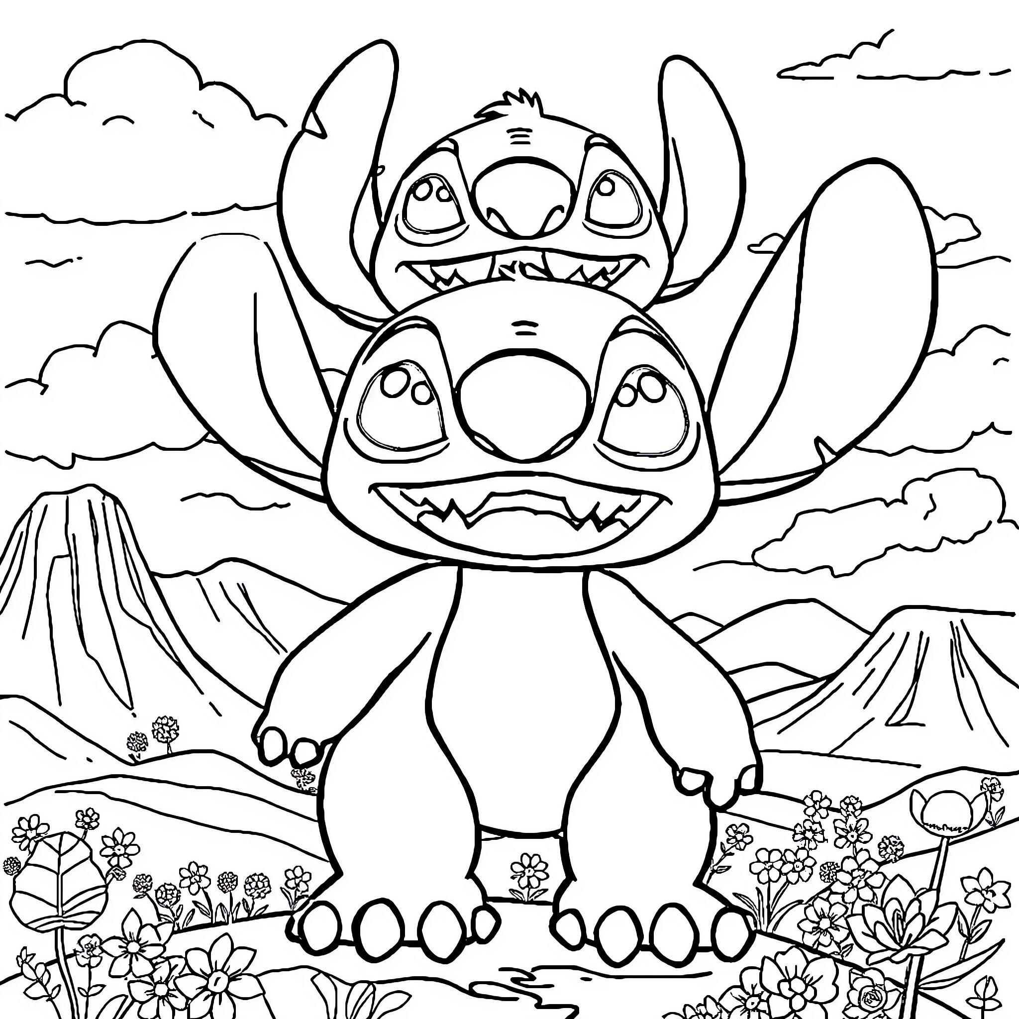 Stitch in a Whimsical Wilderness Scene Coloring Page (free black-and-white line drawing printable PDF for all, from beginners to advanced learners, including children, teens, adults, and seniors)