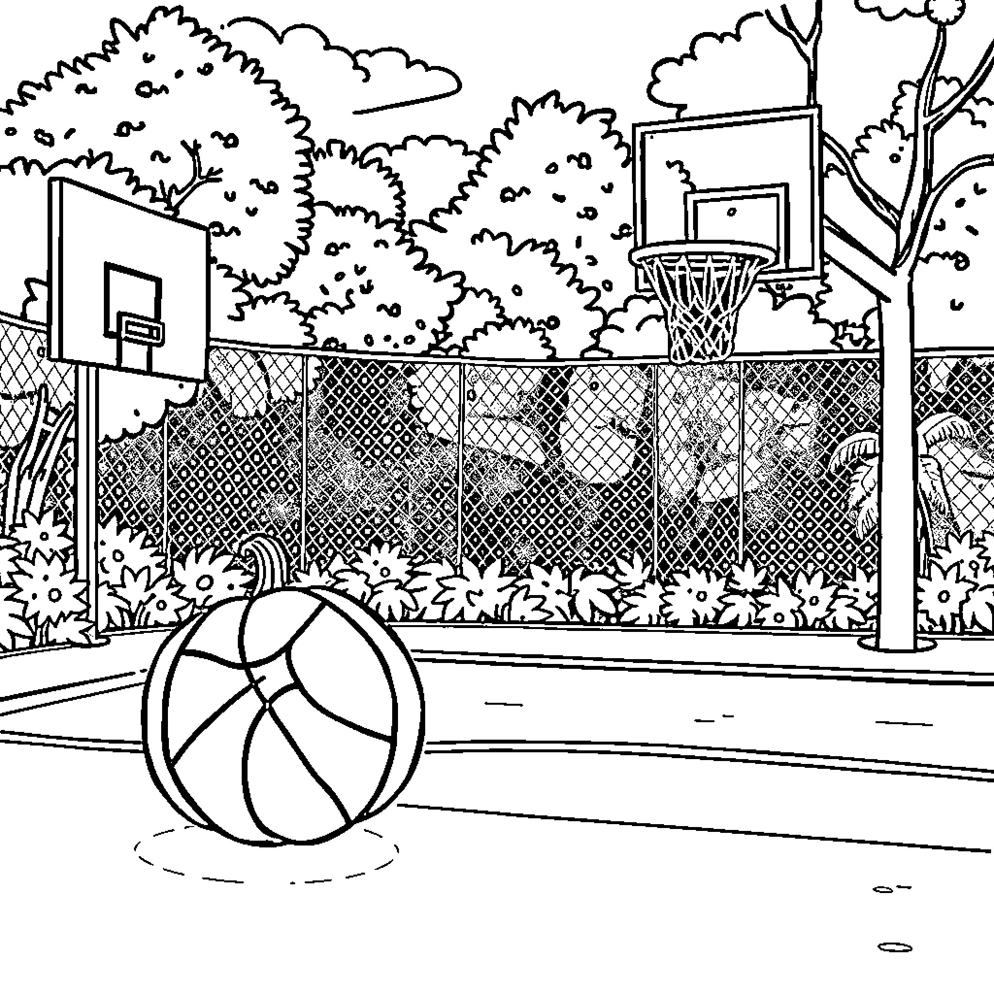 Pumpkin Ball on Basketball Court Coloring Page (free black-and-white line drawing printable PDF for all, from beginners to advanced learners, including children, teens, adults, and seniors)
