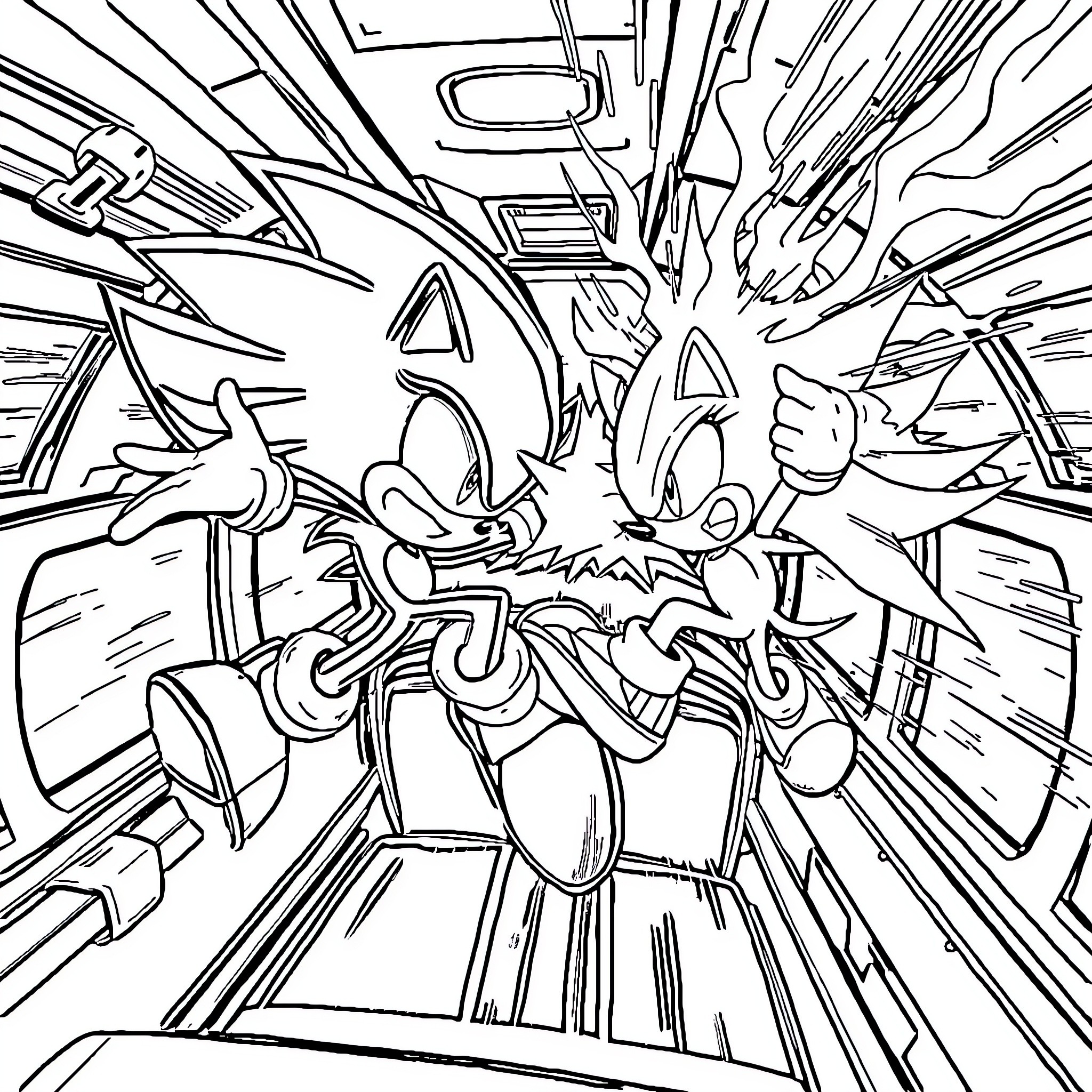 Sonic's High-Speed Adventure Through Abstract Landscape Coloring Page (free black-and-white line drawing printable PDF for all, from beginners to advanced learners, including children, teens, adults, and seniors)