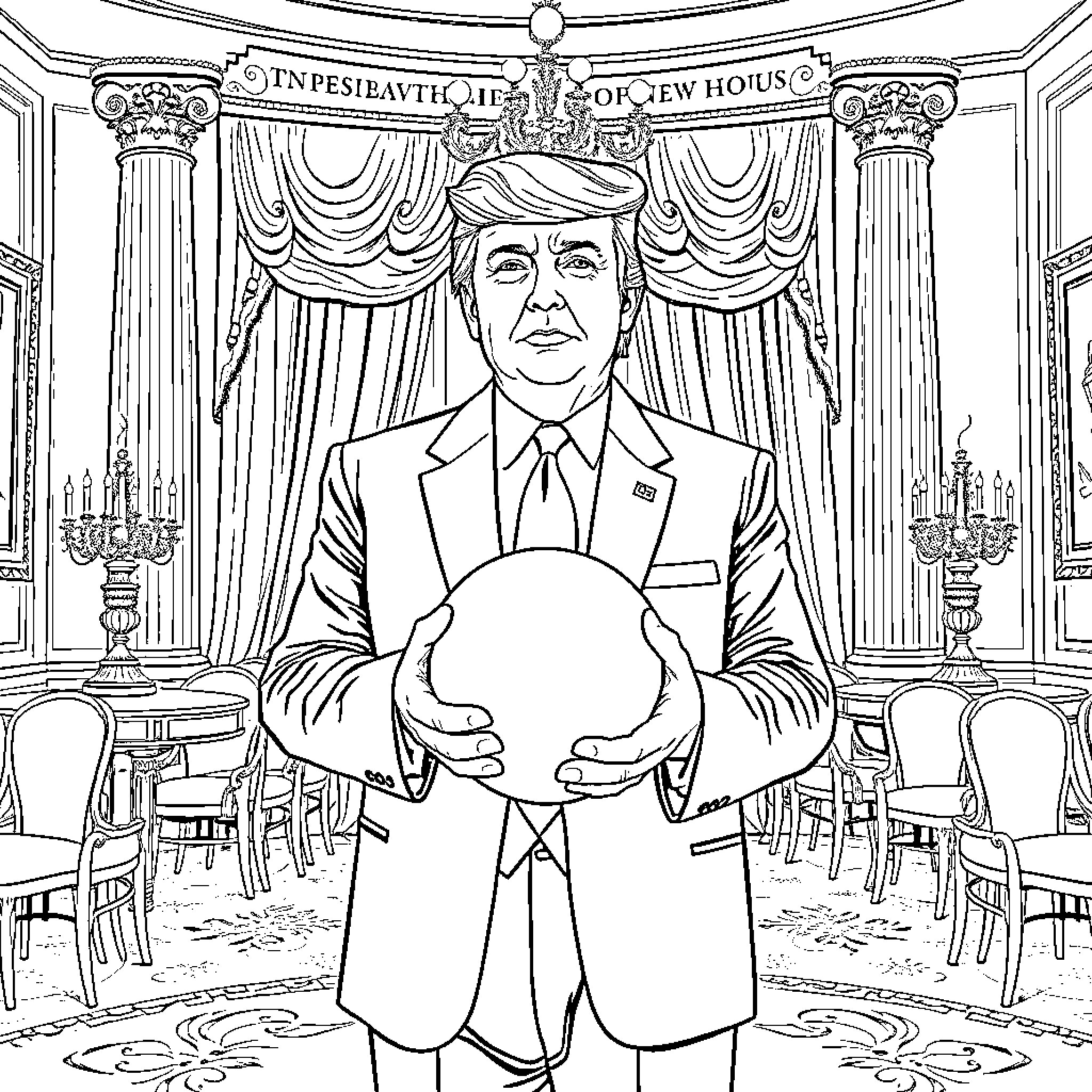 Trump presents his vision in the Oval Office Coloring Page (free black-and-white line drawing printable PDF for all, from beginners to advanced learners, including children, teens, adults, and seniors)