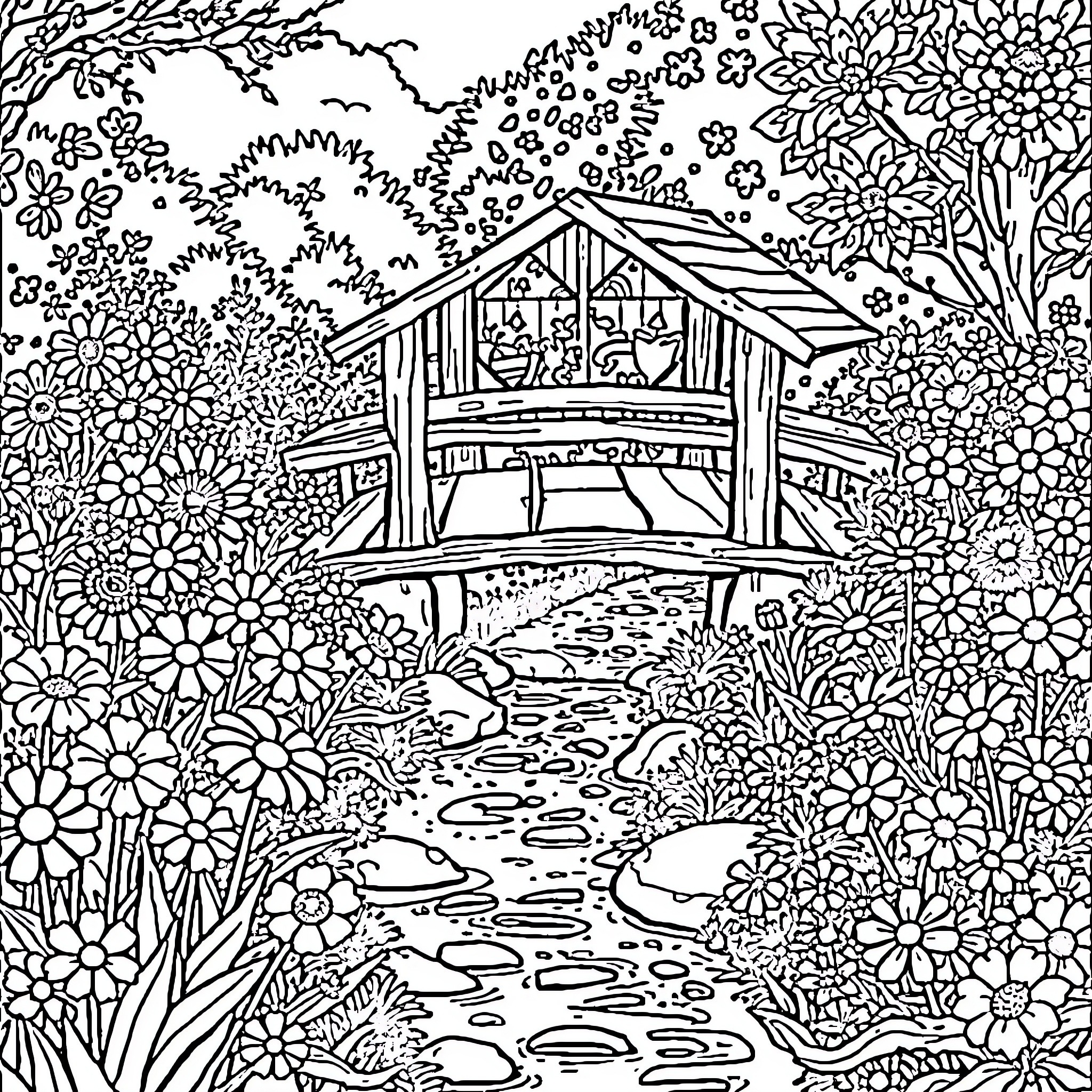 Flower gazebo in a lush garden Coloring Page (free black-and-white line drawing printable PDF for all, from beginners to advanced learners, including children, teens, adults, and seniors)