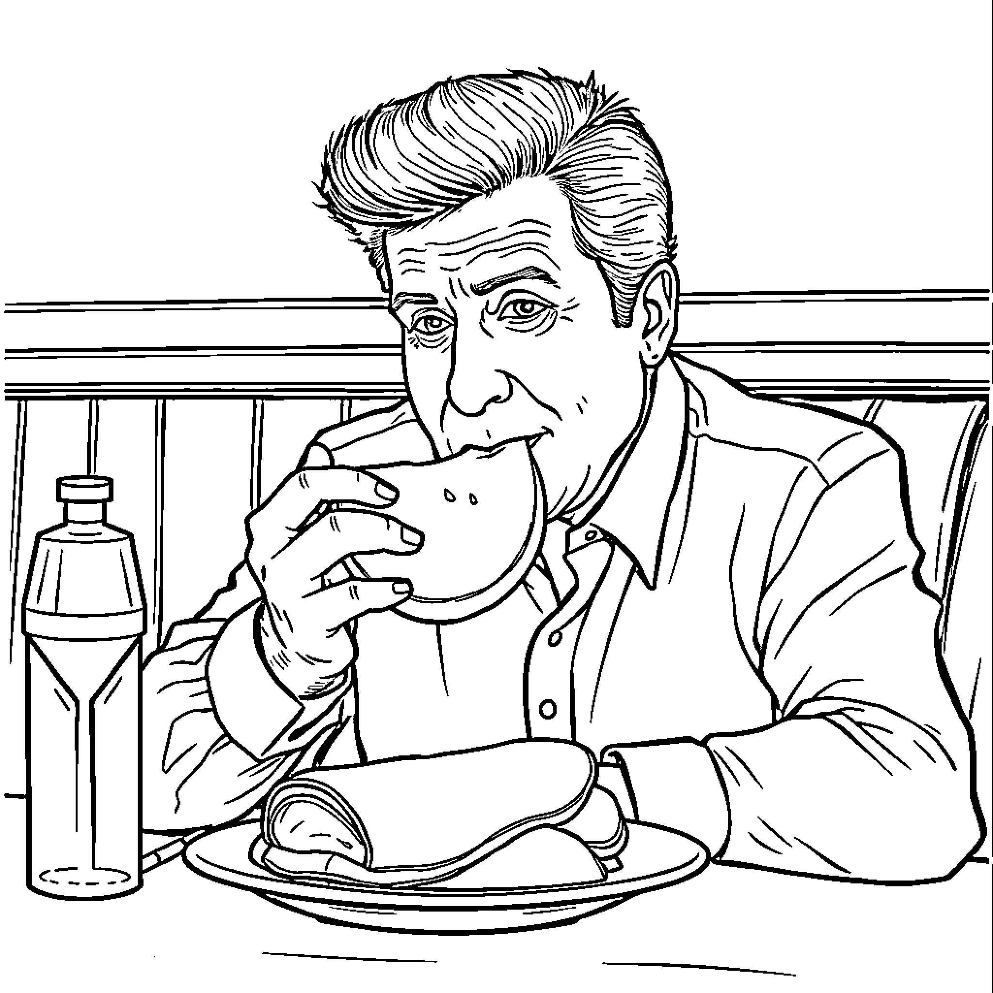 Alec Baldwin enjoying a meal at a diner Coloring Page (free black-and-white line drawing printable PDF for all, from beginners to advanced learners, including children, teens, adults, and seniors)
