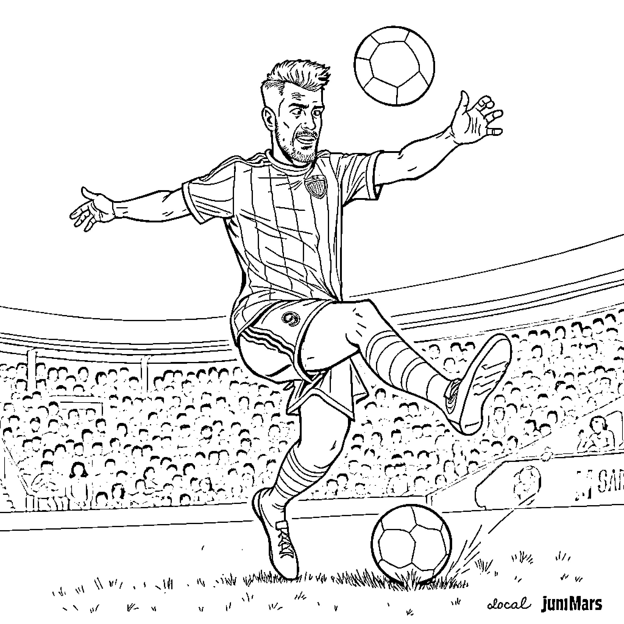 Boca Juniors Player Jumping to Head the Ball Coloring Page (free black-and-white line drawing printable PDF for all, from beginners to advanced learners, including children, teens, adults, and seniors)