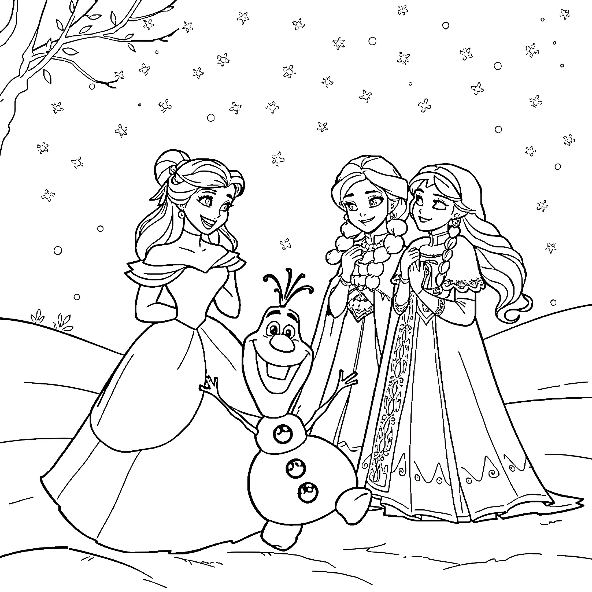 Belle and Friends Explore the Wintry Wonderland Coloring Page (free black-and-white line drawing printable PDF for all, from beginners to advanced learners, including children, teens, adults, and seniors)