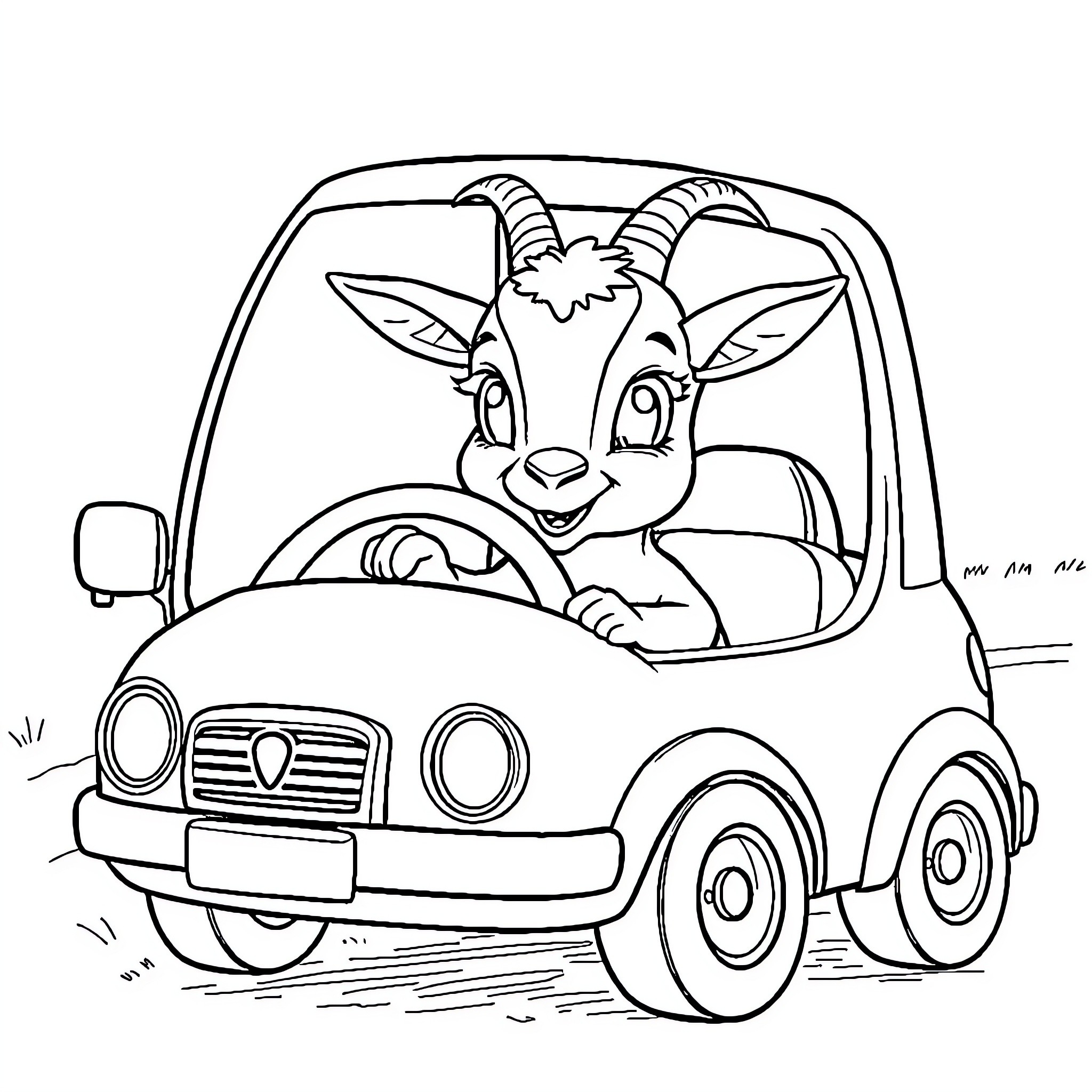 Baby Goat driving a car happily Coloring Page (free black-and-white line drawing printable PDF for all, from beginners to advanced learners, including children, teens, adults, and seniors)