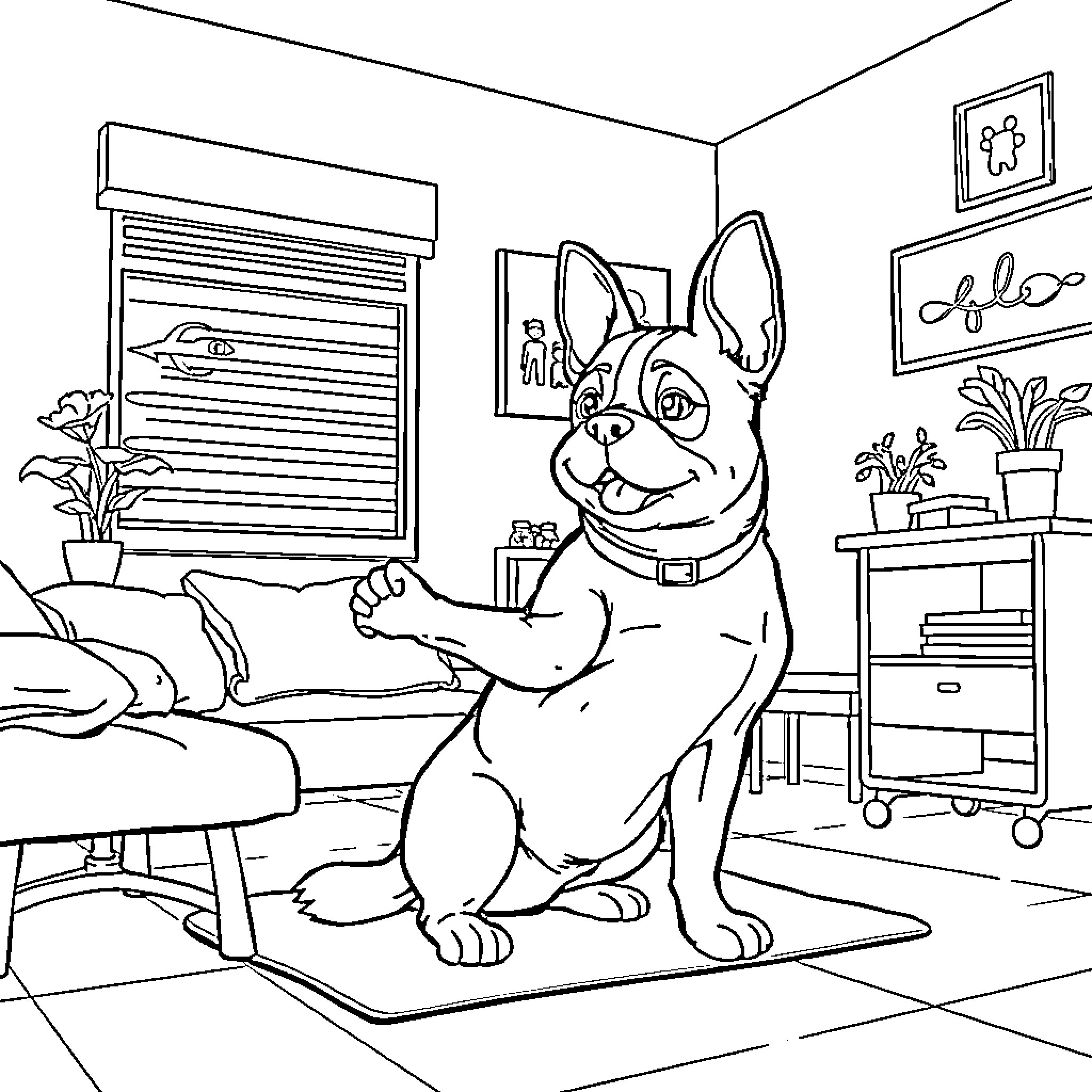 Perro enjoying cozy indoor space Coloring Page (free black-and-white line drawing printable PDF for all, from beginners to advanced learners, including children, teens, adults, and seniors)