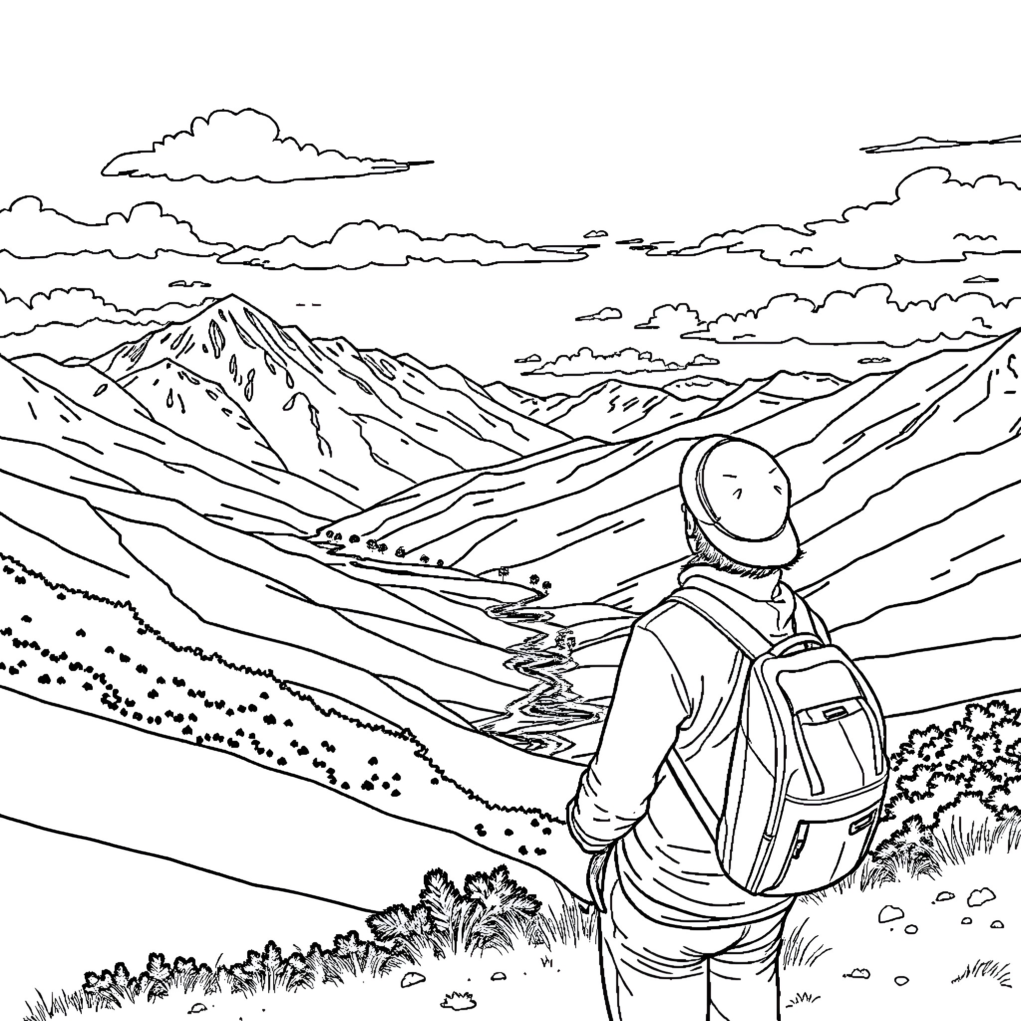 New Zealander exploring majestic mountain landscape Coloring Page (free black-and-white line drawing printable PDF for all, from beginners to advanced learners, including children, teens, adults, and seniors)