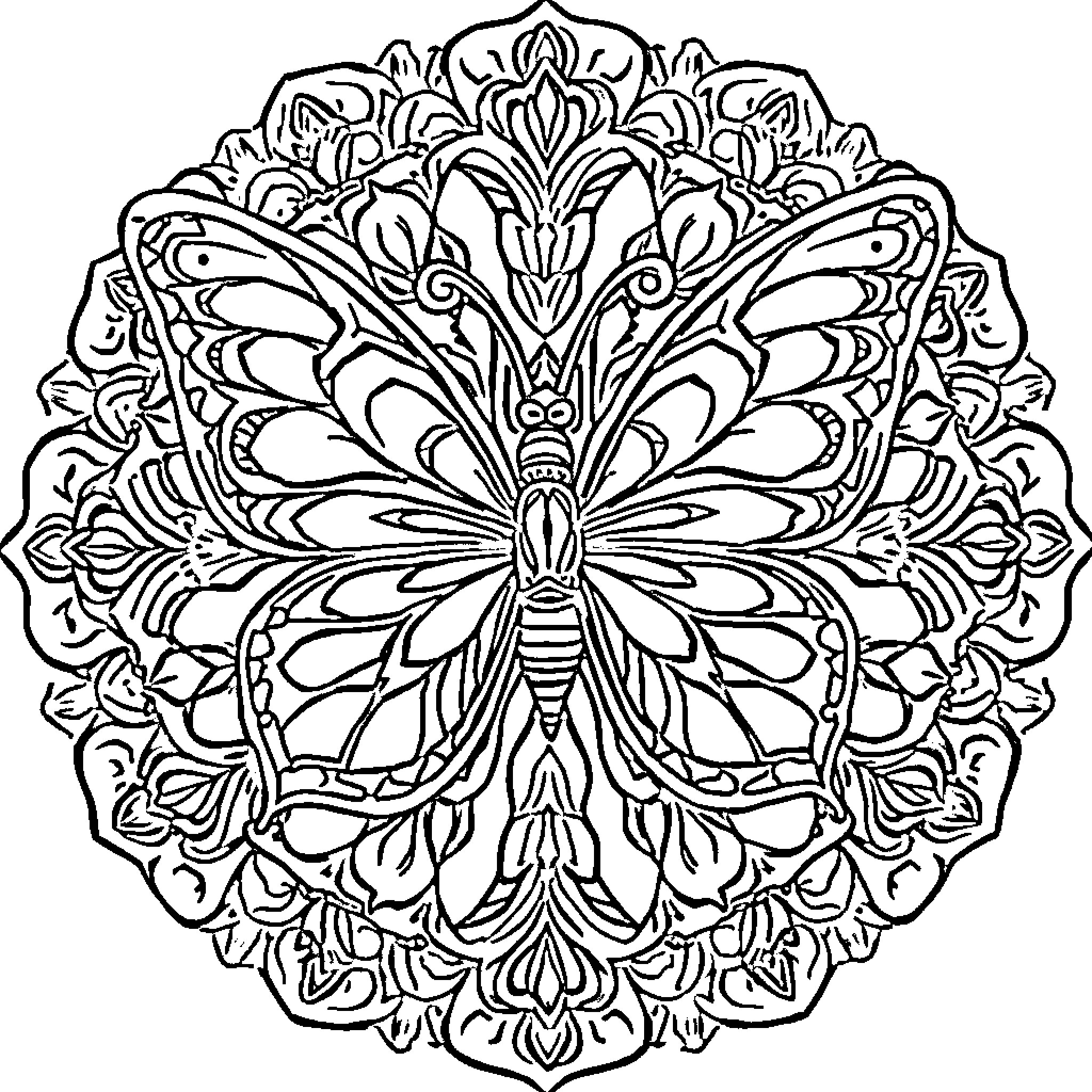 Butterfly mandala of intricate patterns Coloring Page (free black-and-white line drawing printable PDF for all, from beginners to advanced learners, including children, teens, adults, and seniors)