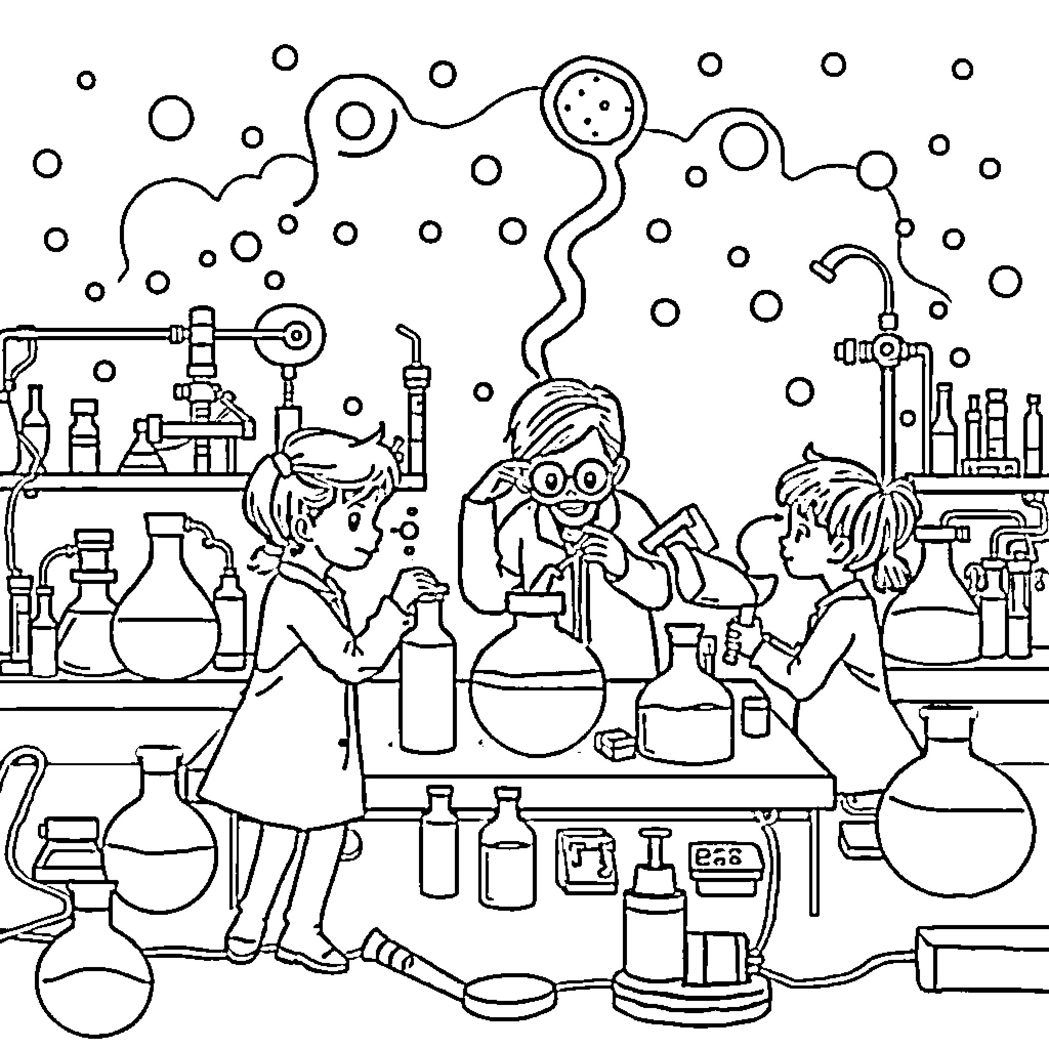 Science Students Conducting Experiments in Laboratory Coloring Page (free black-and-white line drawing printable PDF for all, from beginners to advanced learners, including children, teens, adults, and seniors)