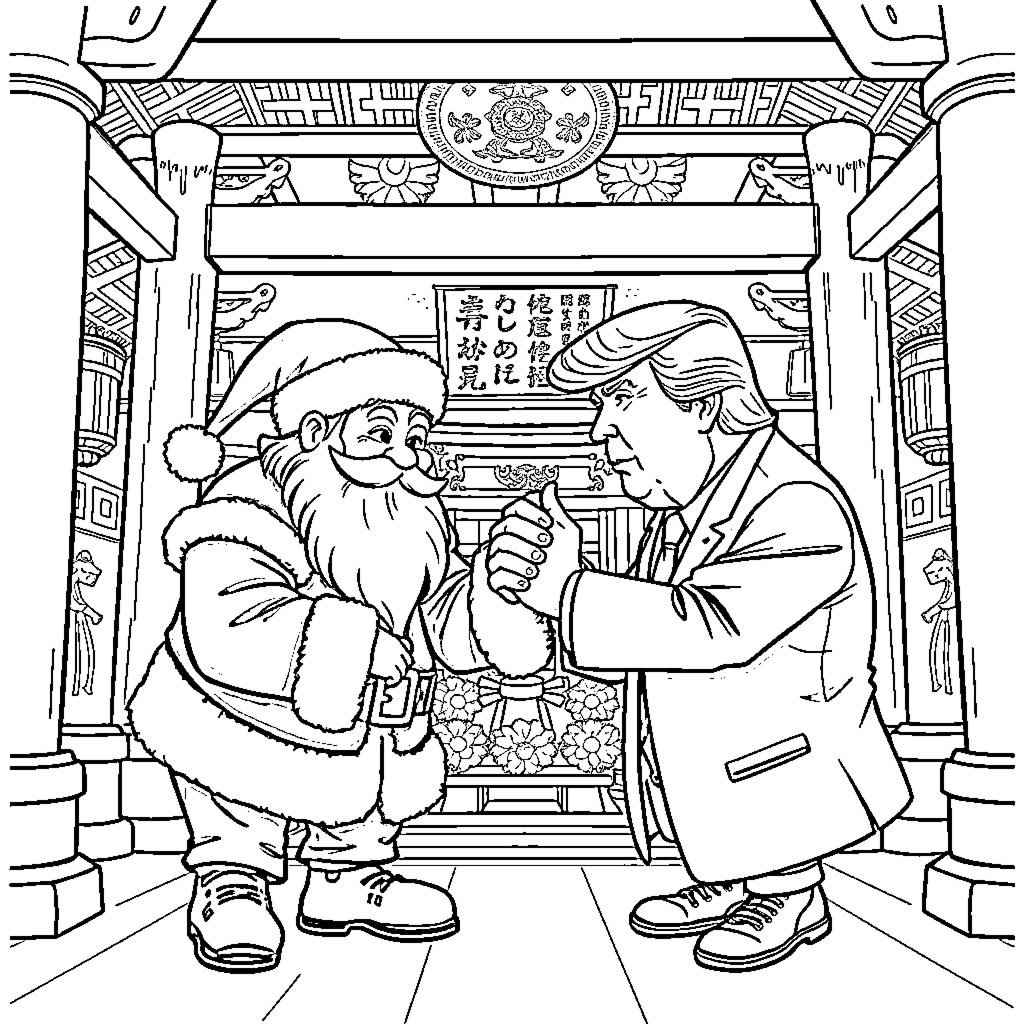 Santa Claus meeting with another person in front of a temple Coloring Page (free black-and-white line drawing printable PDF for all, from beginners to advanced learners, including children, teens, adults, and seniors)