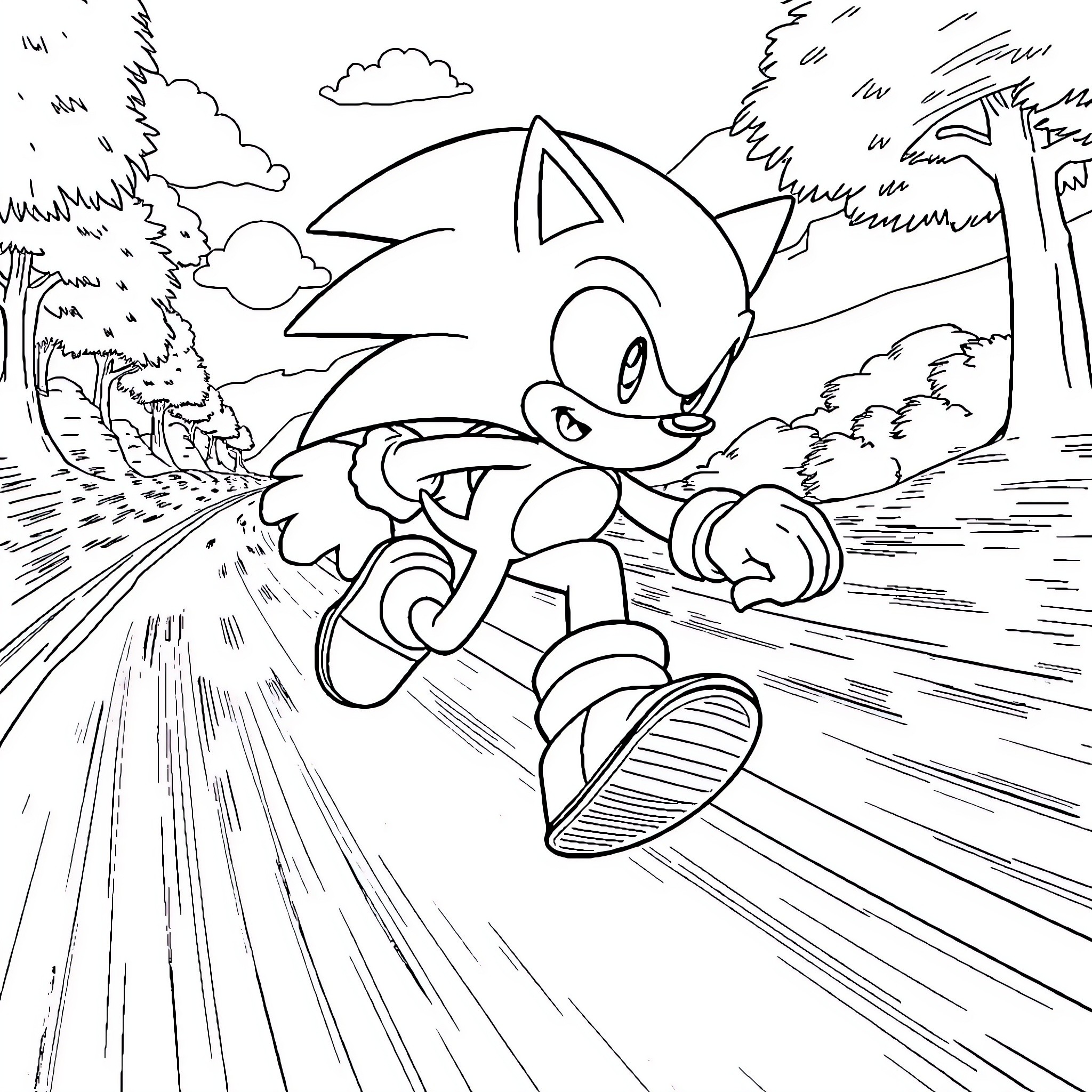 Sonic speeding through a scenic landscape Coloring Page (free black-and-white line drawing printable PDF for all, from beginners to advanced learners, including children, teens, adults, and seniors)
