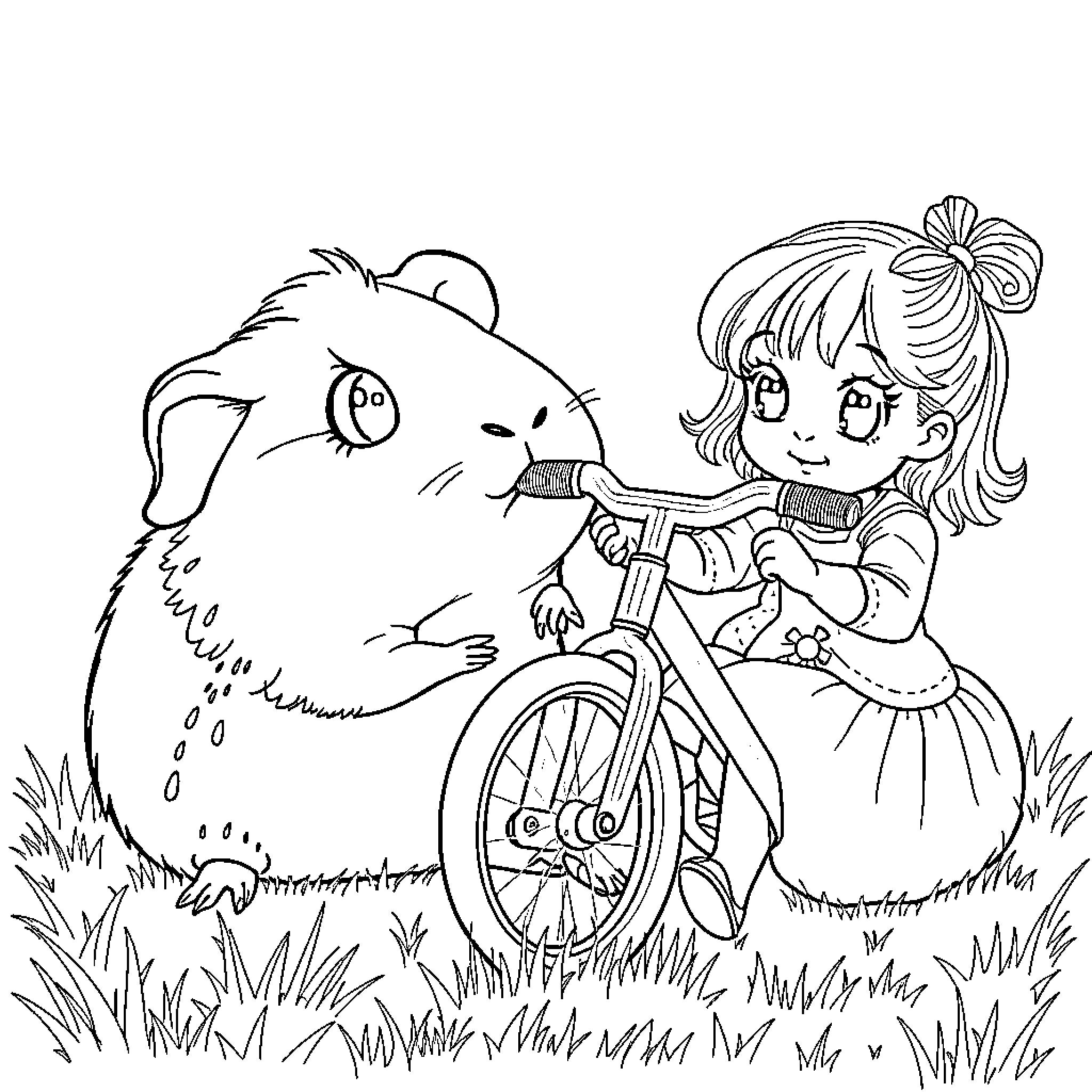 Guinea Pig and Girl on Bicycle in Meadow Coloring Page (free black-and-white line drawing printable PDF for all, from beginners to advanced learners, including children, teens, adults, and seniors)