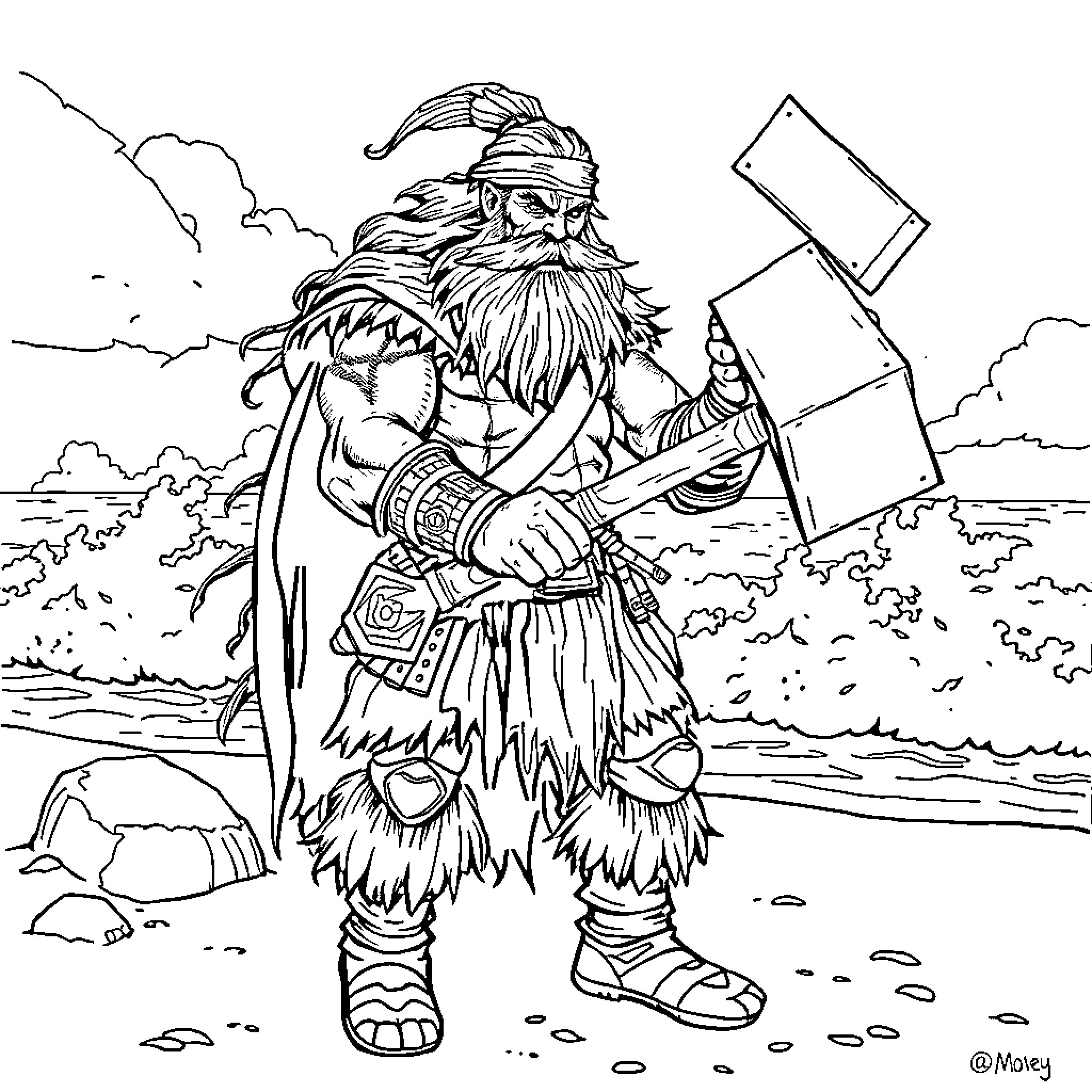 Barbarian Warrior Wielding Axe in Rugged Landscape Coloring Page (free black-and-white line drawing printable PDF for all, from beginners to advanced learners, including children, teens, adults, and seniors)