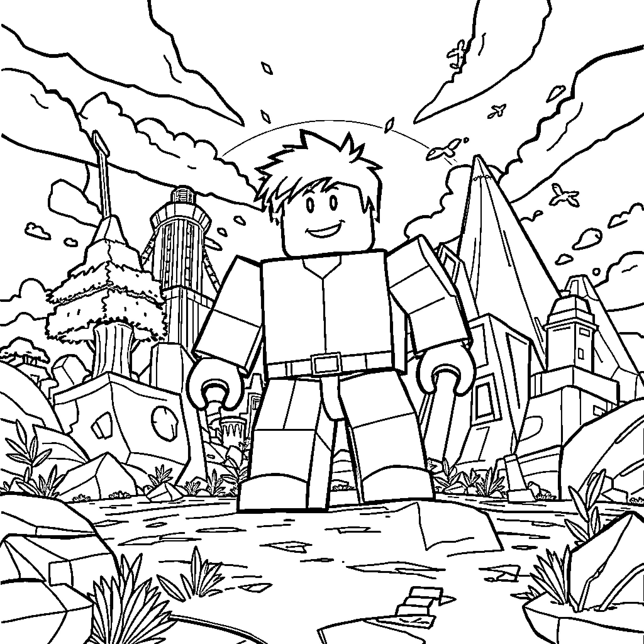 Roblox character in a vibrant adventure scene Coloring Page (free black-and-white line drawing printable PDF for all, from beginners to advanced learners, including children, teens, adults, and seniors)