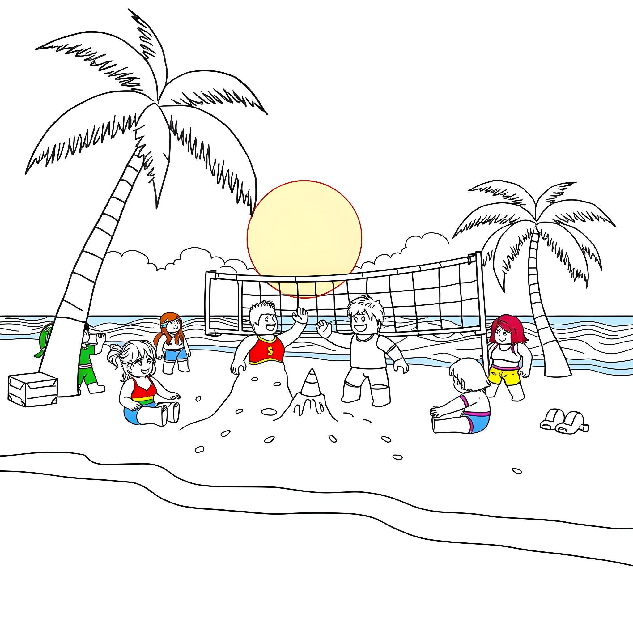 Roblox Character Beach Volleyball Game Coloring Page (free black-and-white line drawing printable PDF for all, from beginners to advanced learners, including children, teens, adults, and seniors)