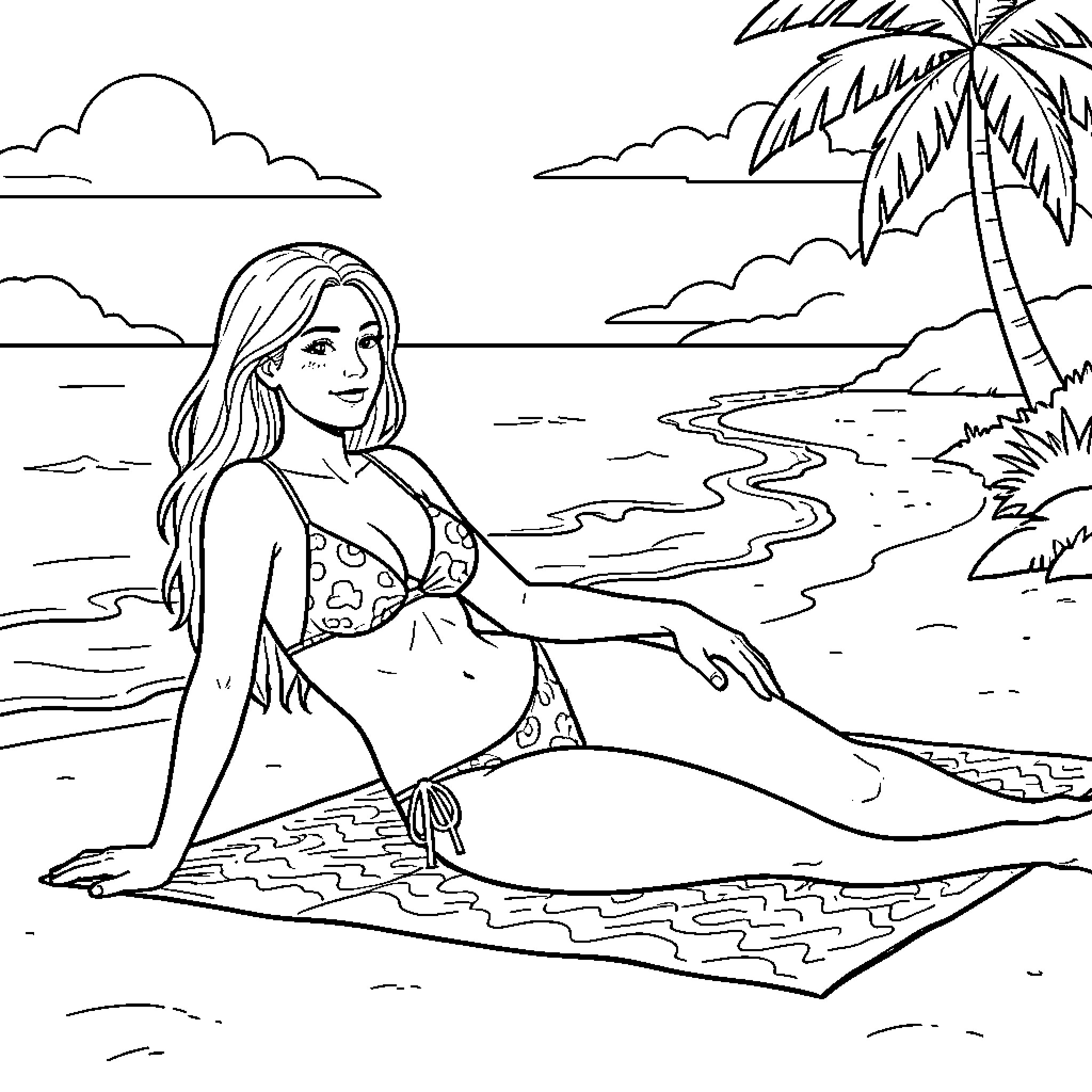 Woman relaxing on a beach towel by the ocean Coloring Page (free black-and-white line drawing printable PDF for all, from beginners to advanced learners, including children, teens, adults, and seniors)