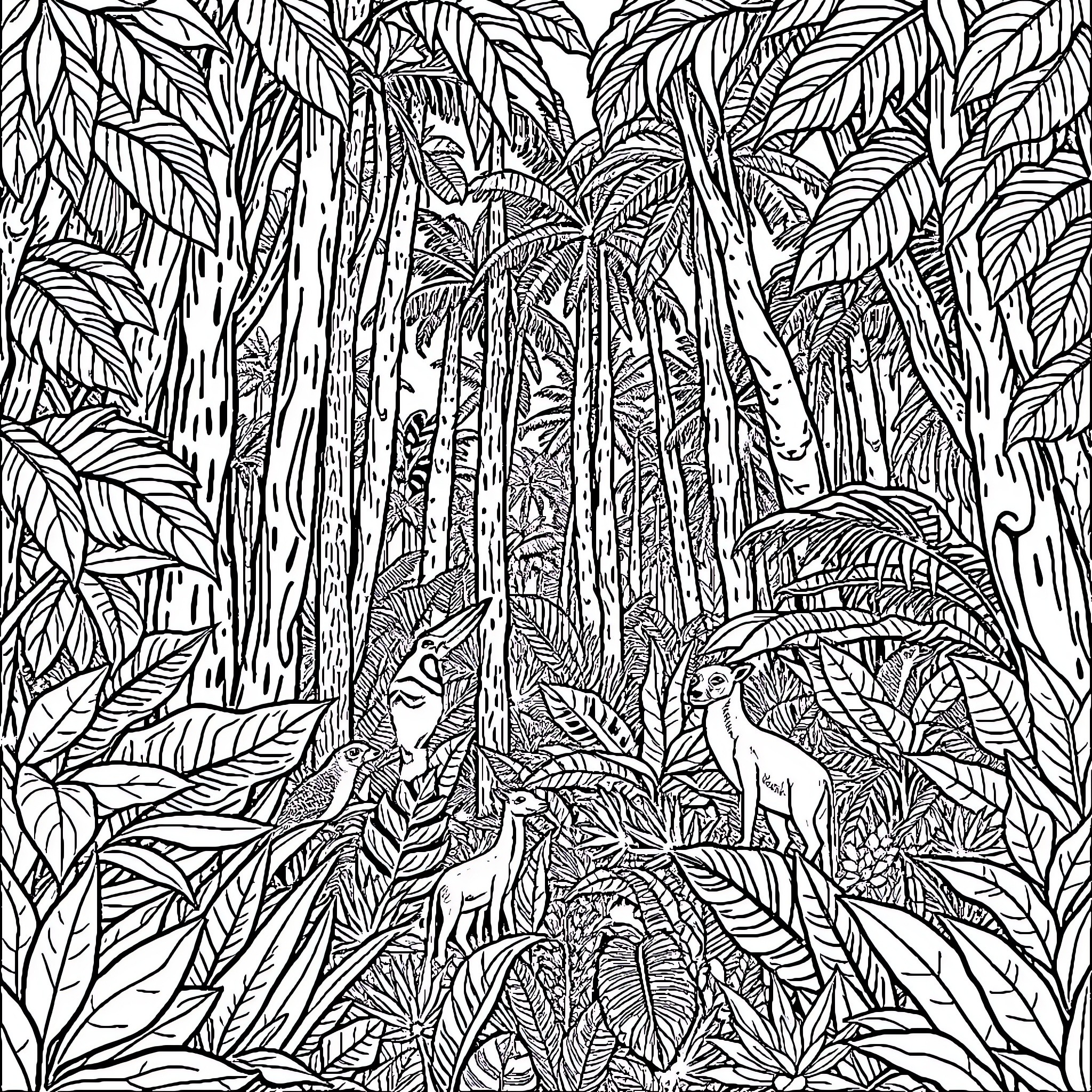 Jungle scenery with lush vegetation and wildlife Coloring Page (free black-and-white line drawing printable PDF for all, from beginners to advanced learners, including children, teens, adults, and seniors)