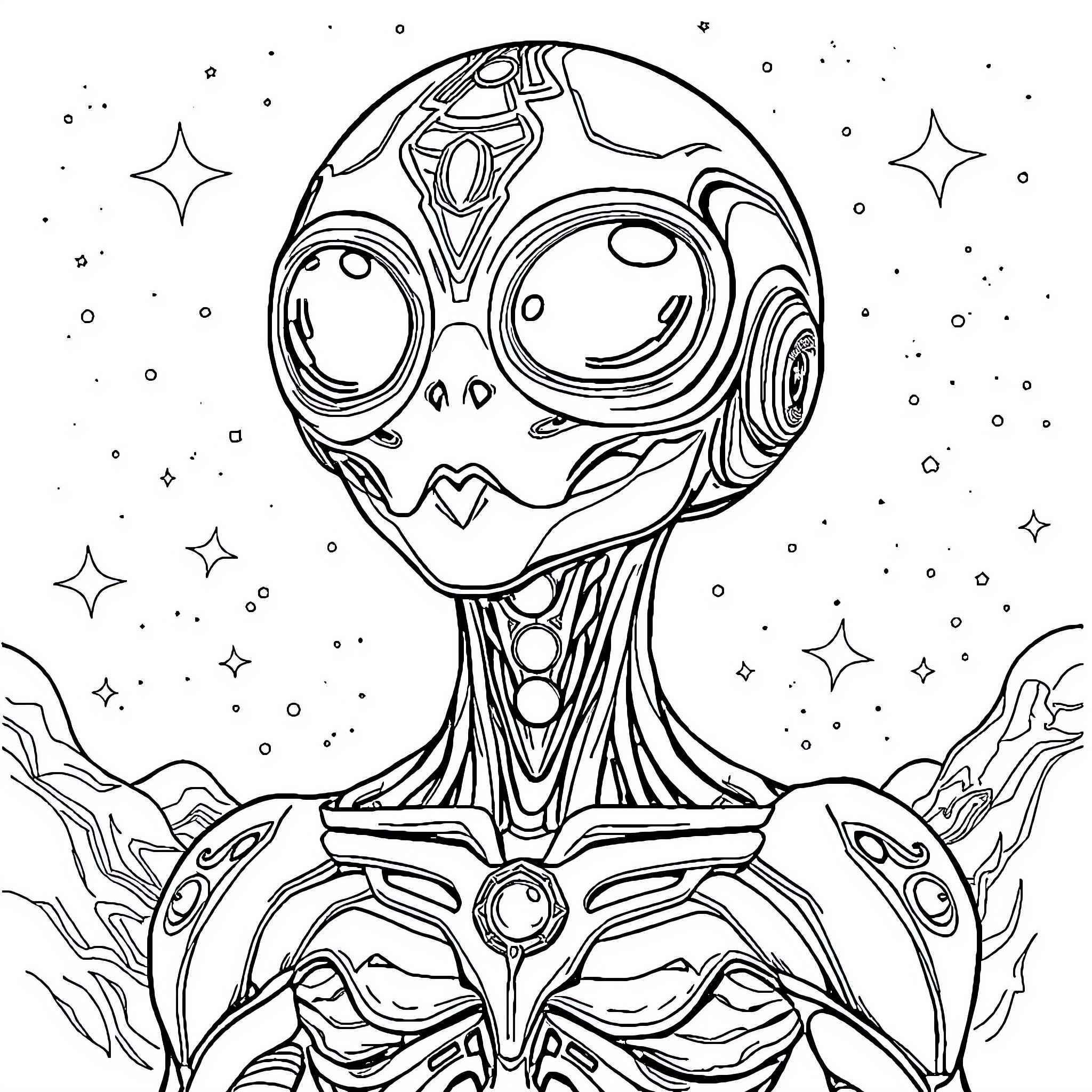 Alien being gazing at the stars Coloring Page (free black-and-white line drawing printable PDF for all, from beginners to advanced learners, including children, teens, adults, and seniors)