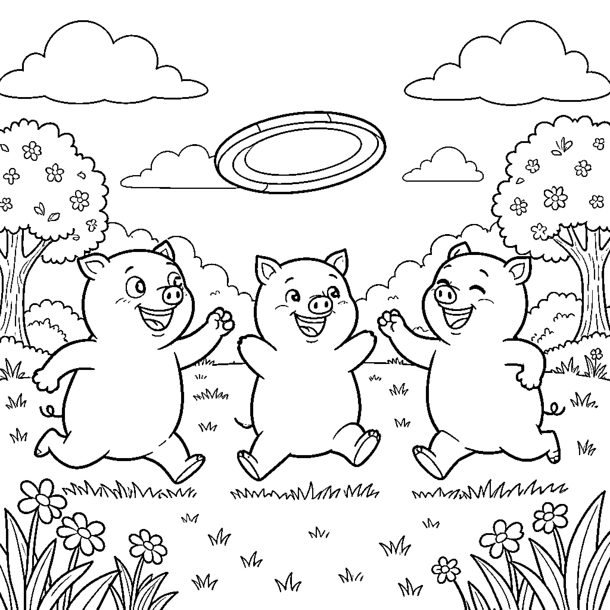 Pig friends playing with a flying disc outdoors Coloring Page (free black-and-white line drawing printable PDF for all, from beginners to advanced learners, including children, teens, adults, and seniors)