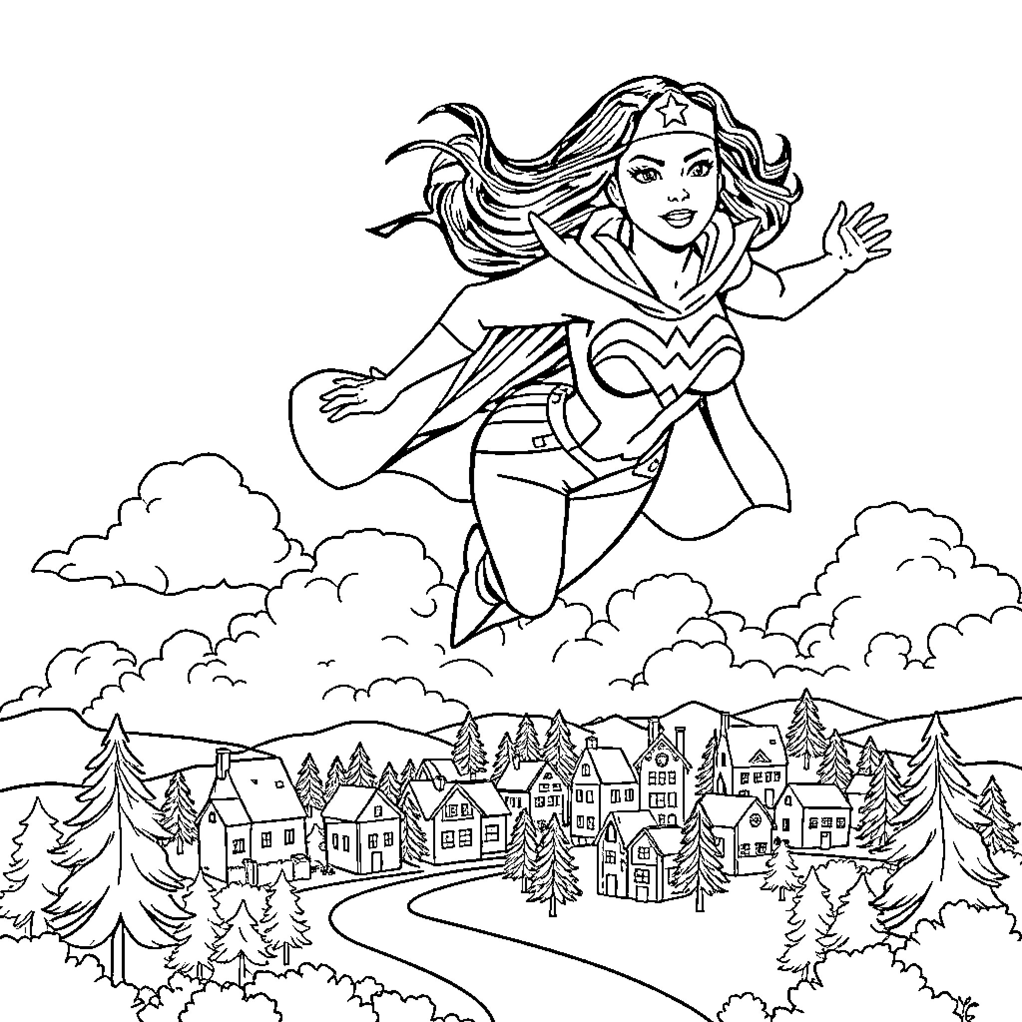 Superwoman Soaring Over a Picturesque Town Coloring Page (free black-and-white line drawing printable PDF for all, from beginners to advanced learners, including children, teens, adults, and seniors)