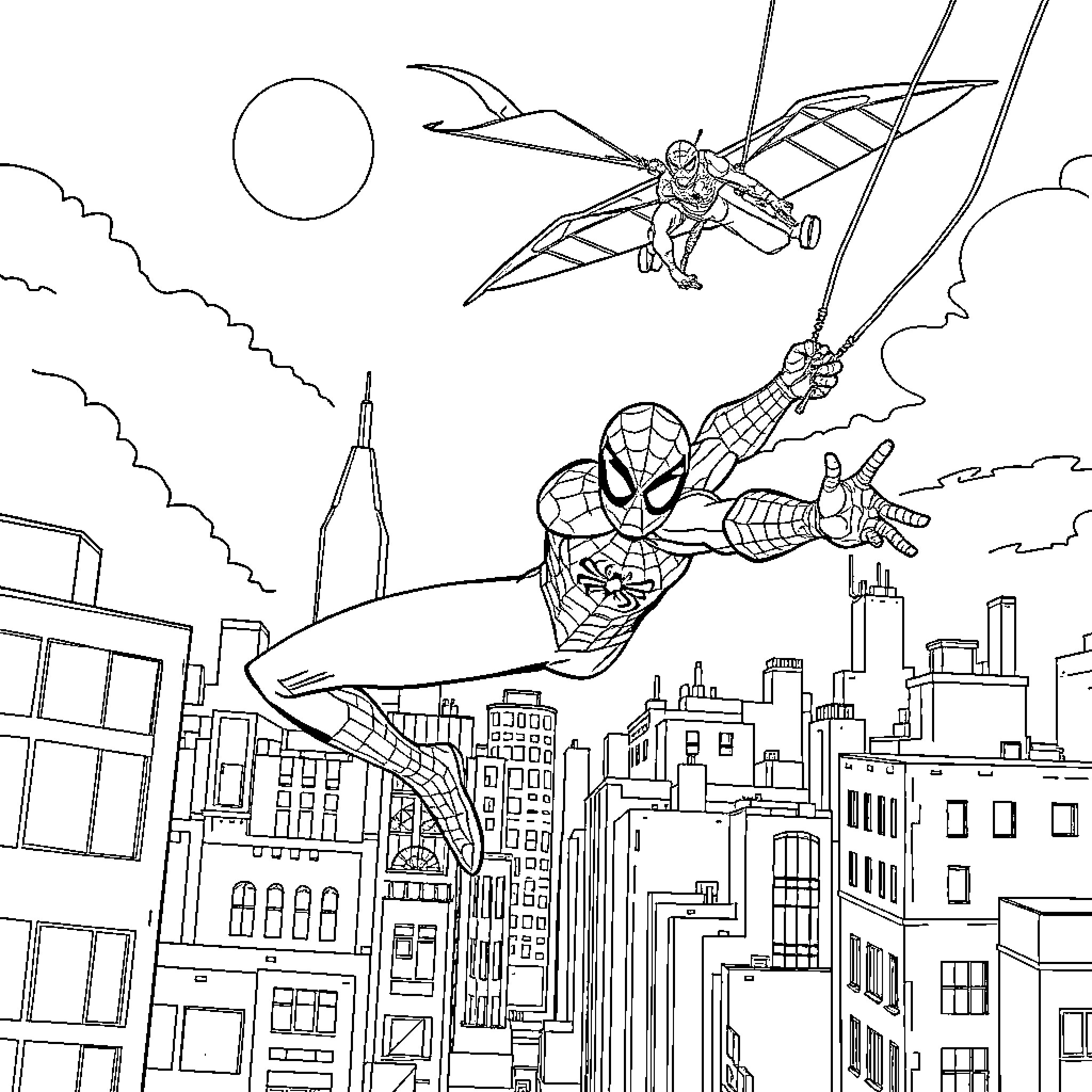 Spiderman swinging through the city skyline Coloring Page (free black-and-white line drawing printable PDF for all, from beginners to advanced learners, including children, teens, adults, and seniors)