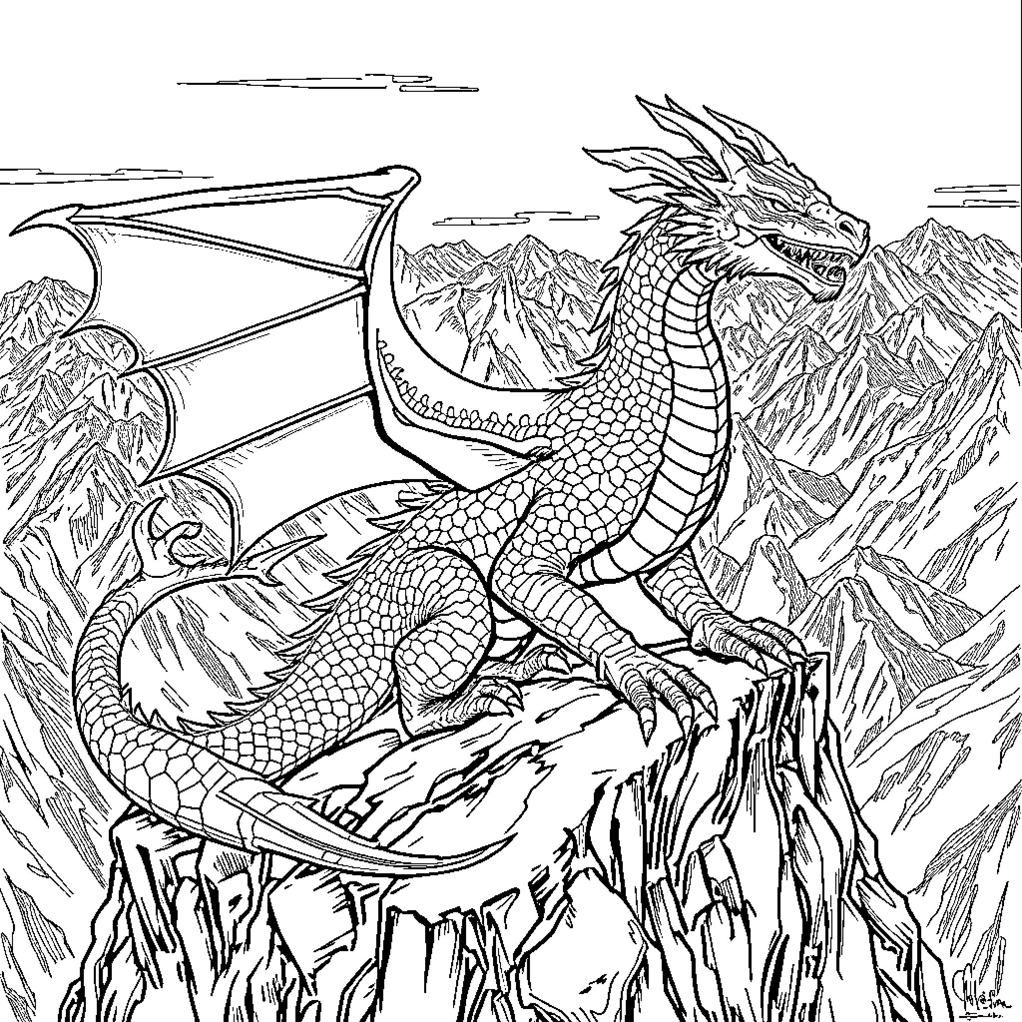 Dragon soaring over majestic mountain landscape Coloring Page (free black-and-white line drawing printable PDF for all, from beginners to advanced learners, including children, teens, adults, and seniors)