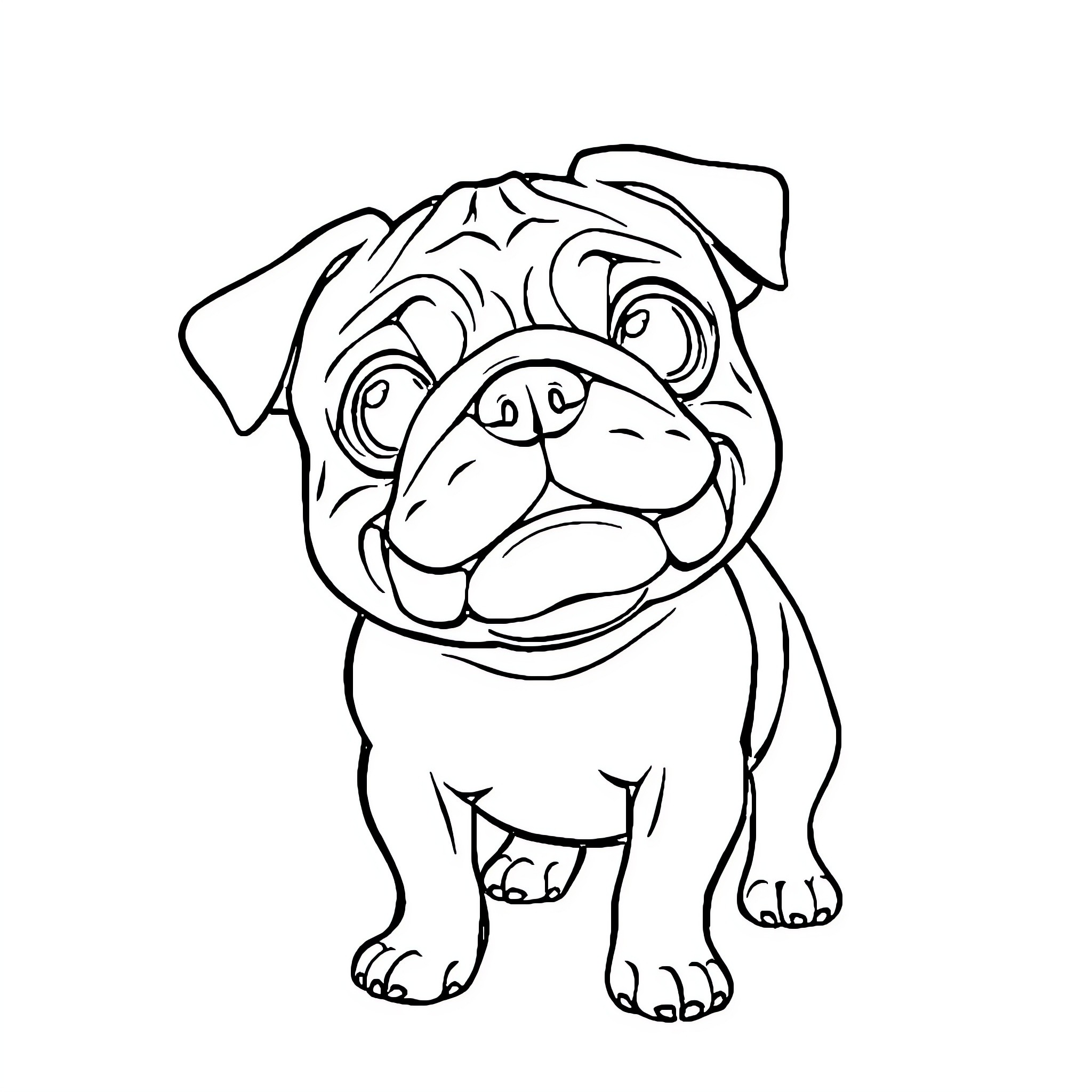Pug with a Cheerful Expression Coloring Page (free black-and-white line drawing printable PDF for all, from beginners to advanced learners, including children, teens, adults, and seniors)