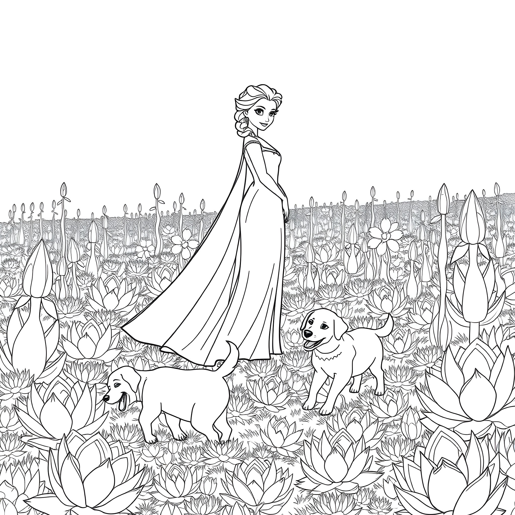 Elsa's Magical Garden Adventure with Puppies Coloring Page (free black-and-white line drawing printable PDF for all, from beginners to advanced learners, including children, teens, adults, and seniors)
