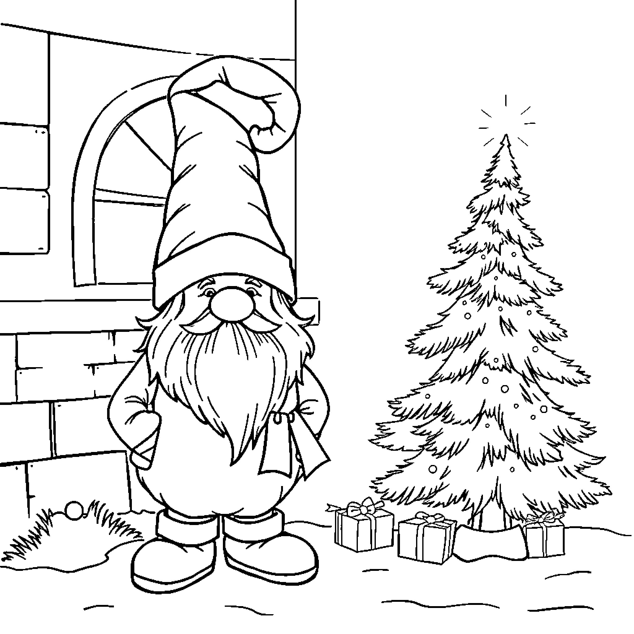 Gnome admiring the Christmas tree Coloring Page (free black-and-white line drawing printable PDF for all, from beginners to advanced learners, including children, teens, adults, and seniors)