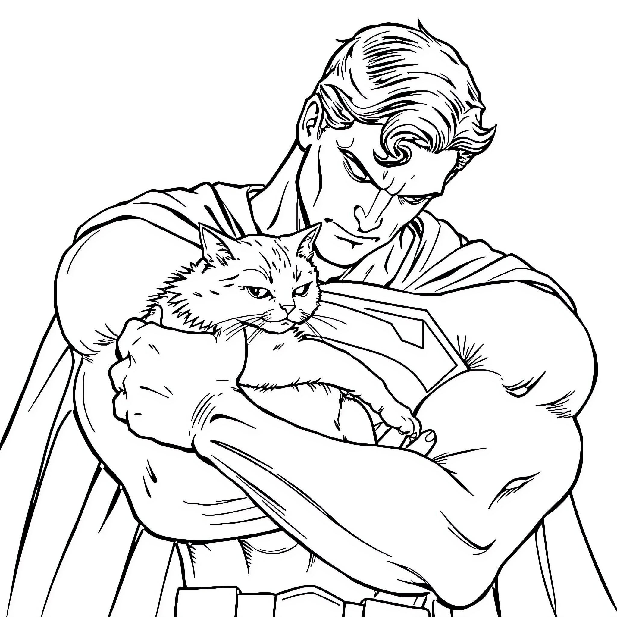 Superman cuddling a cute cat Coloring Page (free black-and-white line drawing printable PDF for all, from beginners to advanced learners, including children, teens, adults, and seniors)