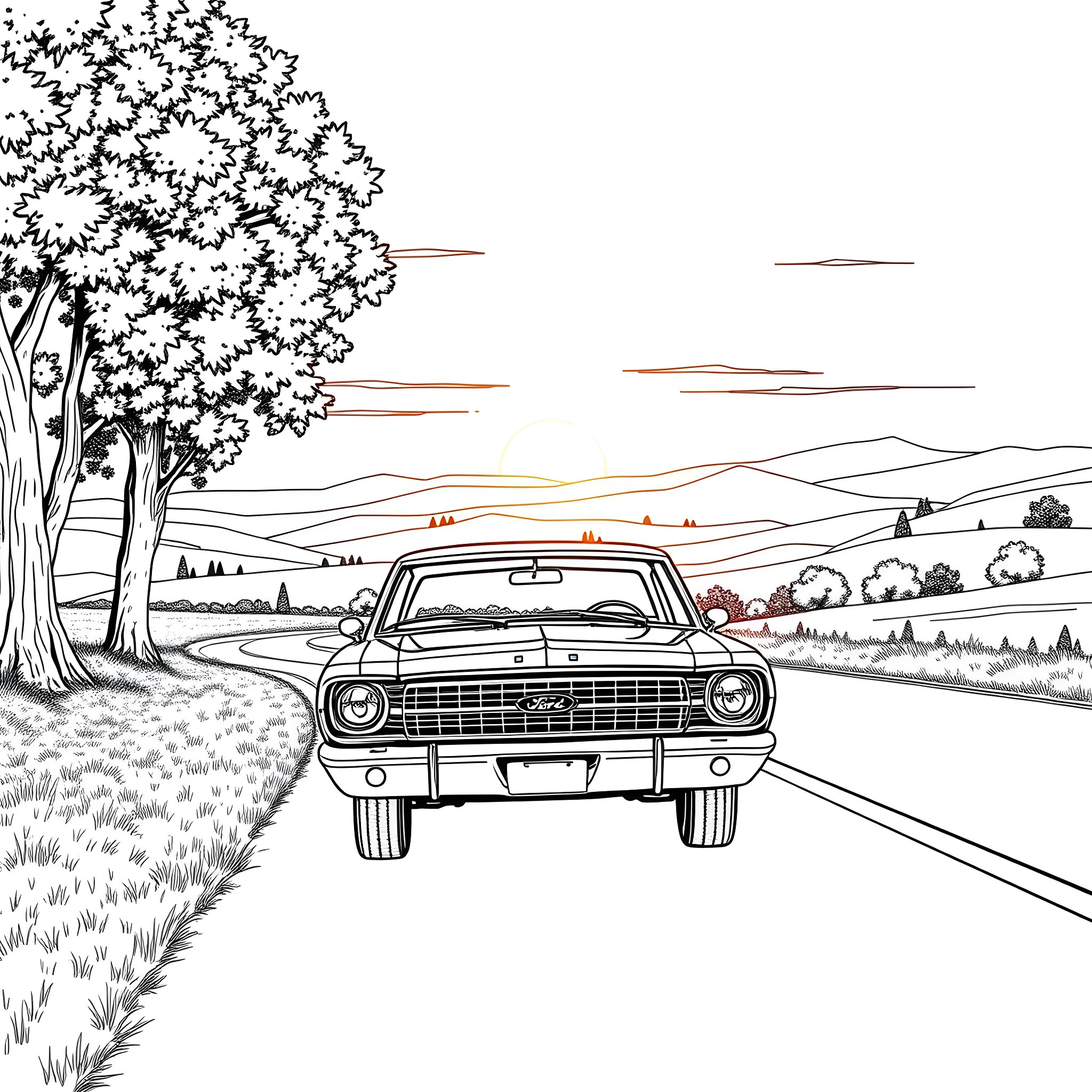 Ford Muscle Car Driving Through Countryside Landscape Coloring Page (free black-and-white line drawing printable PDF for all, from beginners to advanced learners, including children, teens, adults, and seniors)