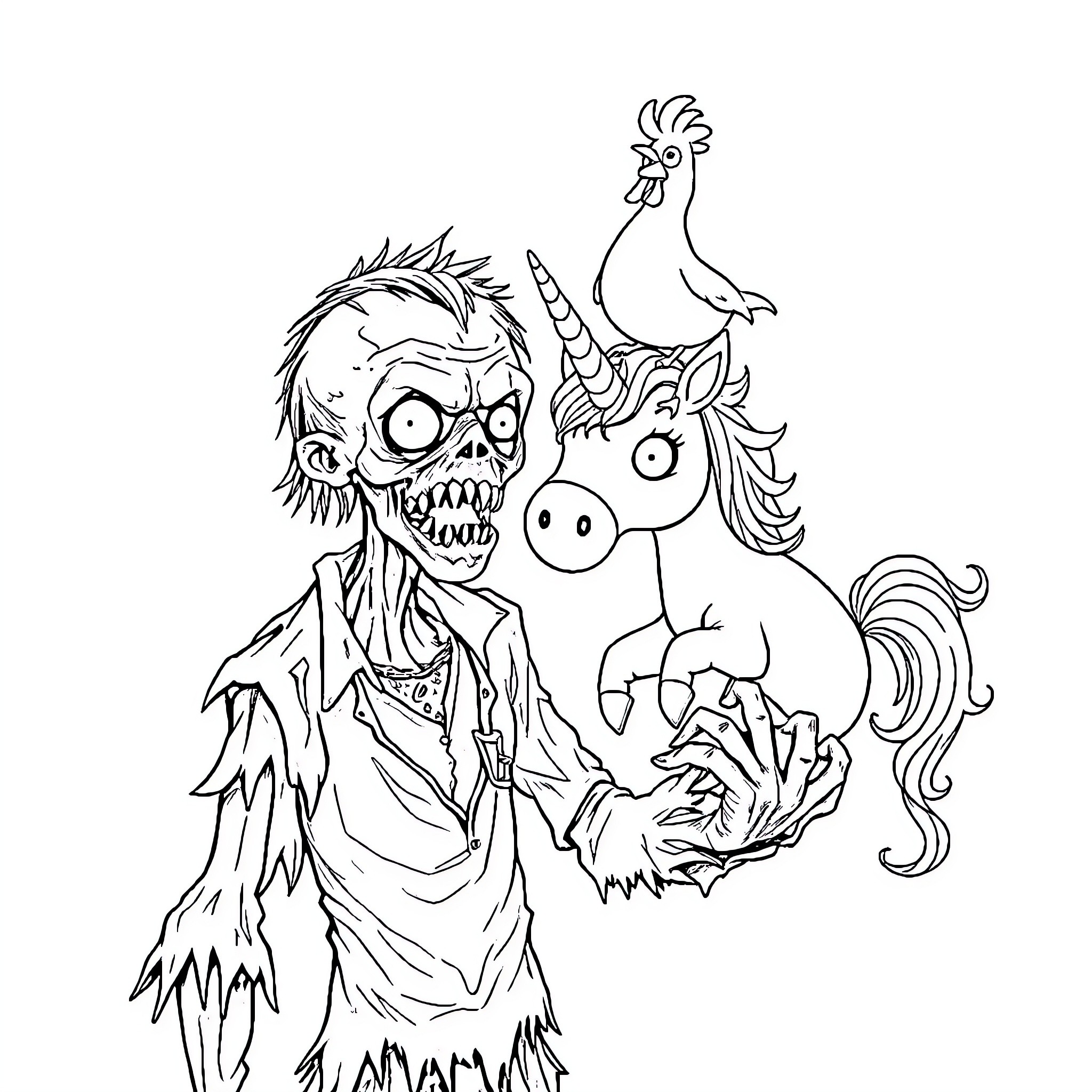 Zombie Unicorn and Rooster in Spooky Encounter Coloring Page (free black-and-white line drawing printable PDF for all, from beginners to advanced learners, including children, teens, adults, and seniors)