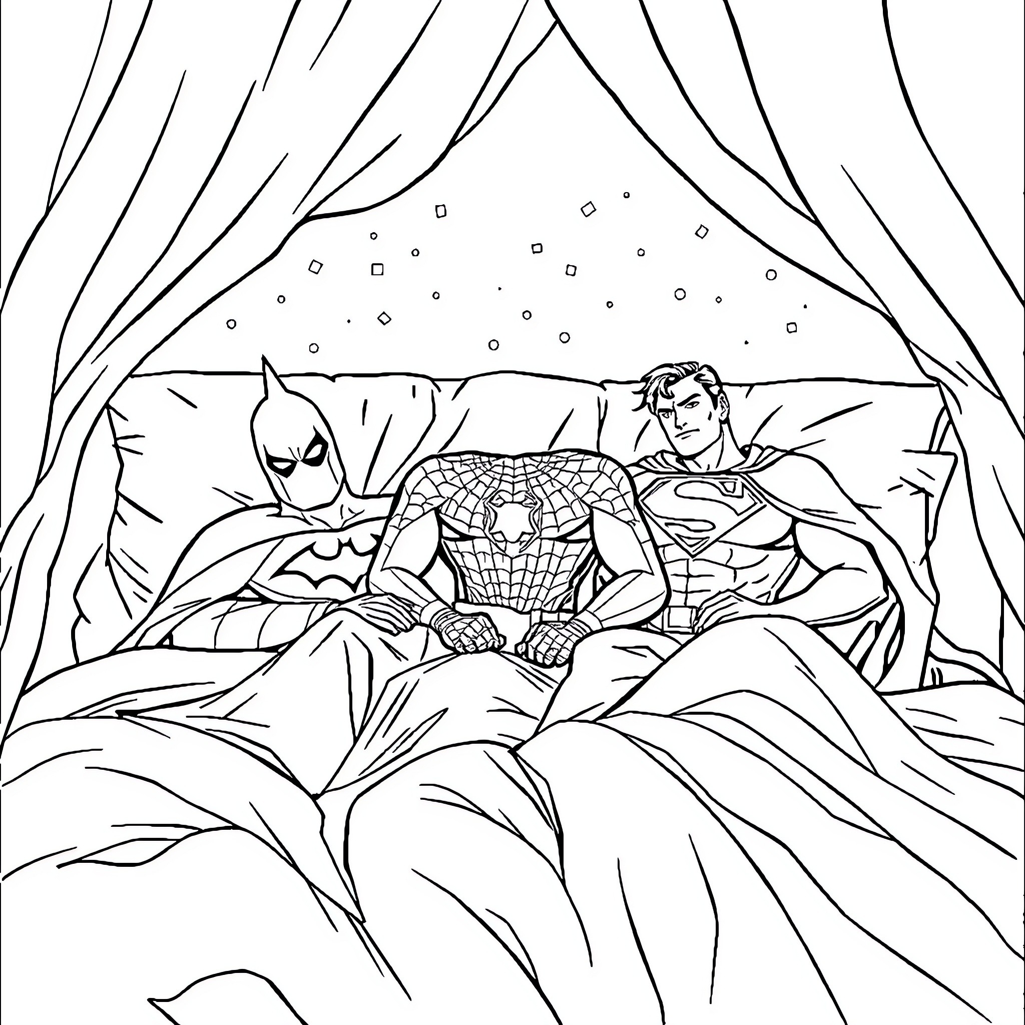 Superheroes resting on a snowy winter night Coloring Page (free black-and-white line drawing printable PDF for all, from beginners to advanced learners, including children, teens, adults, and seniors)