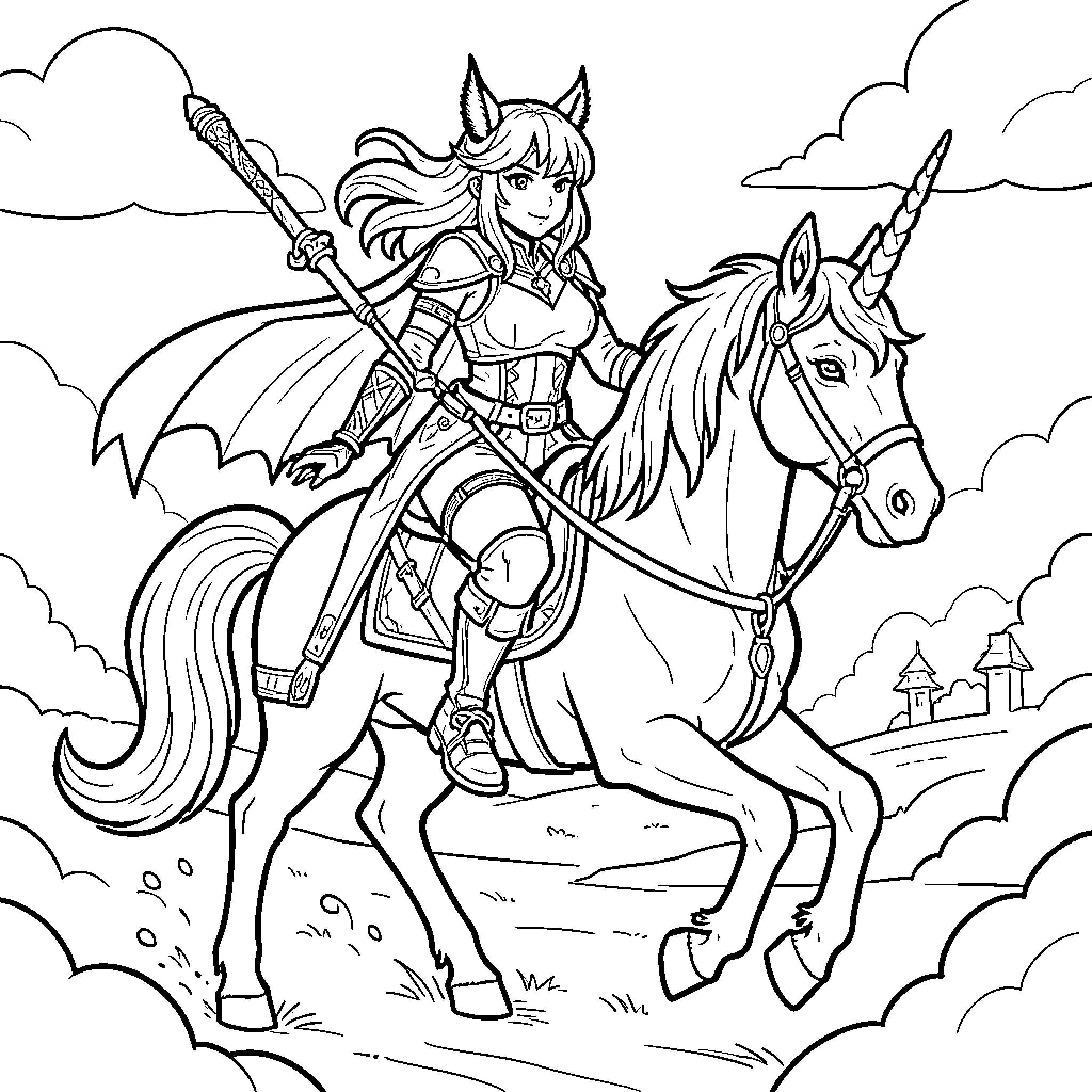 Kpop Demon Hunter riding a majestic unicorn through clouds Coloring Page (free black-and-white line drawing printable PDF for all, from beginners to advanced learners, including children, teens, adults, and seniors)