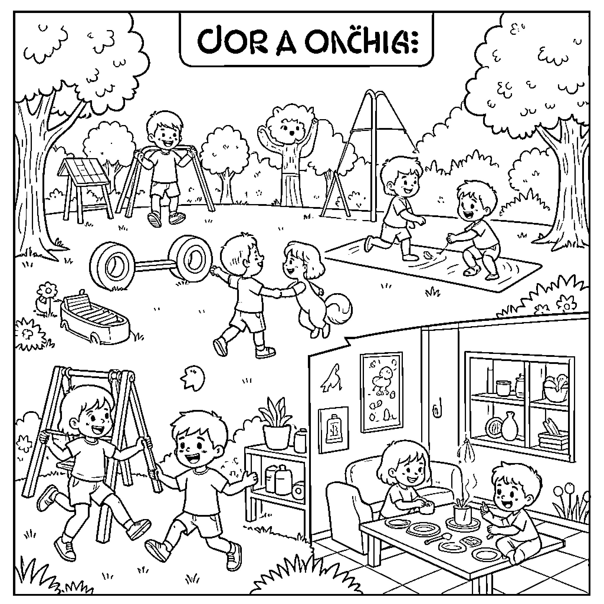 Activity of children playing and dining together Coloring Page (free black-and-white line drawing printable PDF for all, from beginners to advanced learners, including children, teens, adults, and seniors)