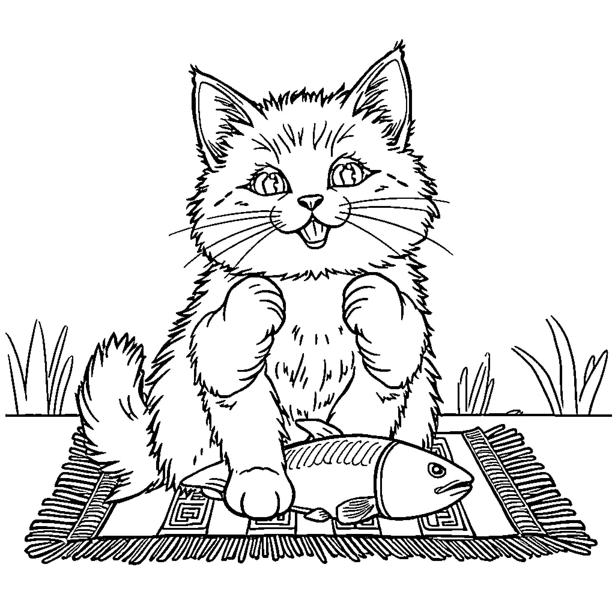Cat playing with toys on a mat Coloring Page (free black-and-white line drawing printable PDF for all, from beginners to advanced learners, including children, teens, adults, and seniors)