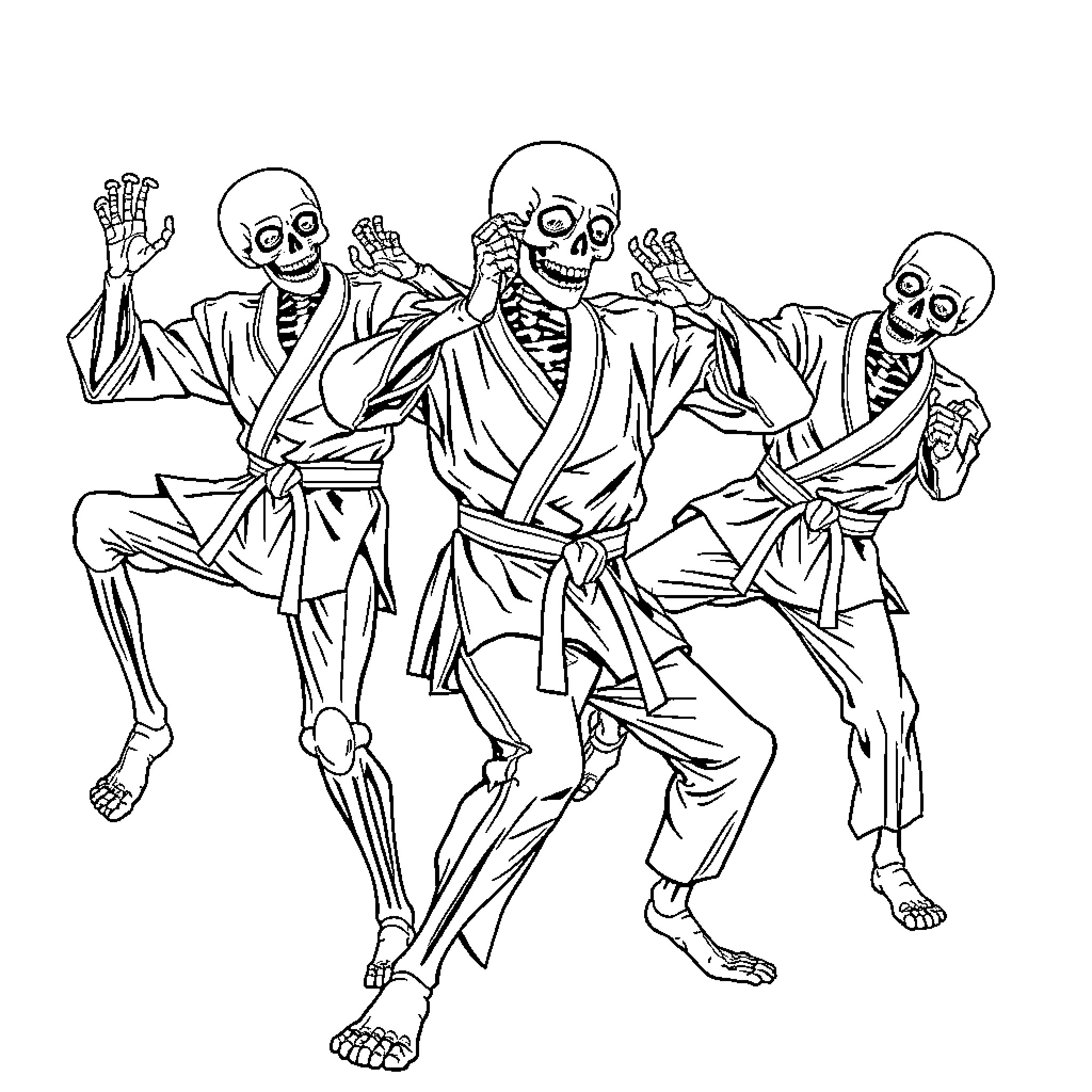 Skeleton Dancers in Martial Arts Poses Coloring Page (free black-and-white line drawing printable PDF for all, from beginners to advanced learners, including children, teens, adults, and seniors)