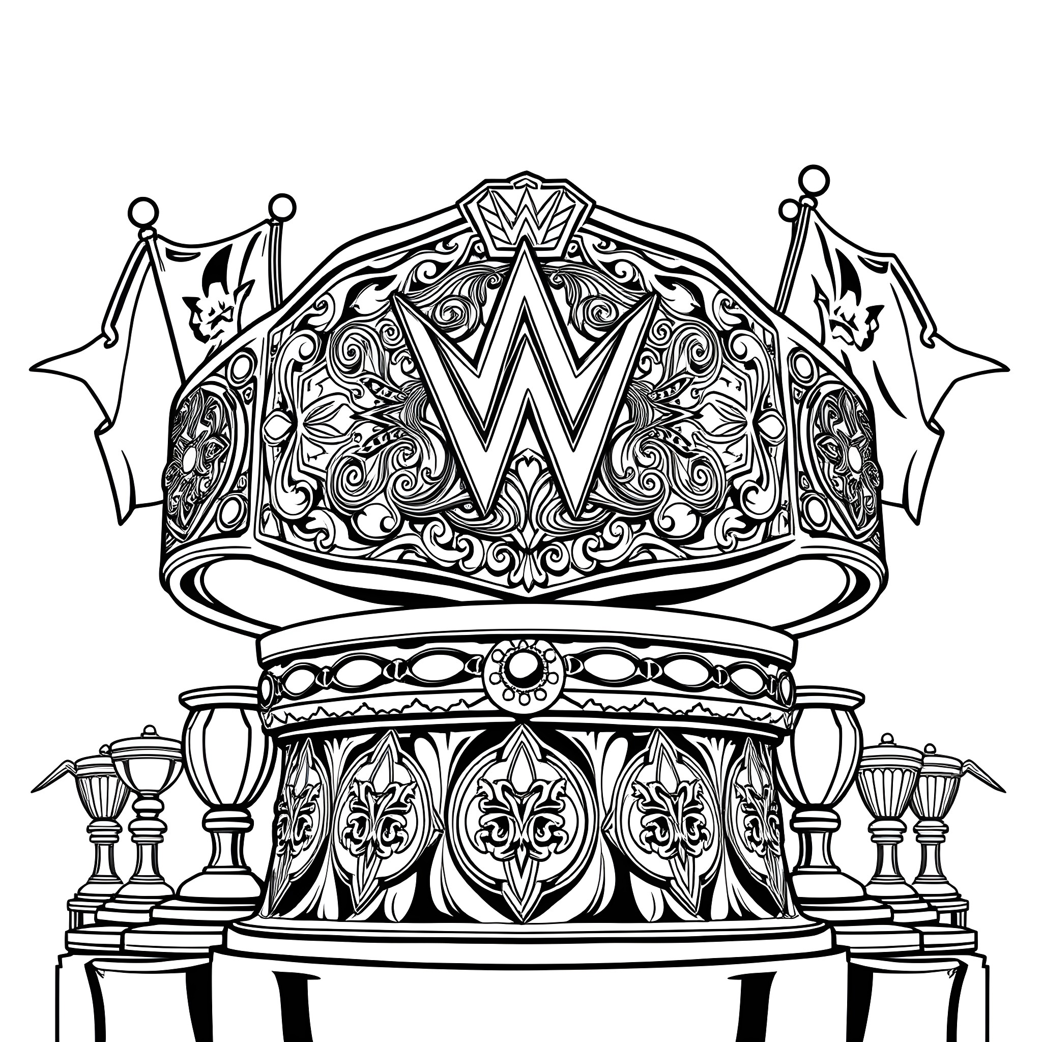 Wrestling Belt with Intricate Ornamentation Coloring Page (free black-and-white line drawing printable PDF for all, from beginners to advanced learners, including children, teens, adults, and seniors)