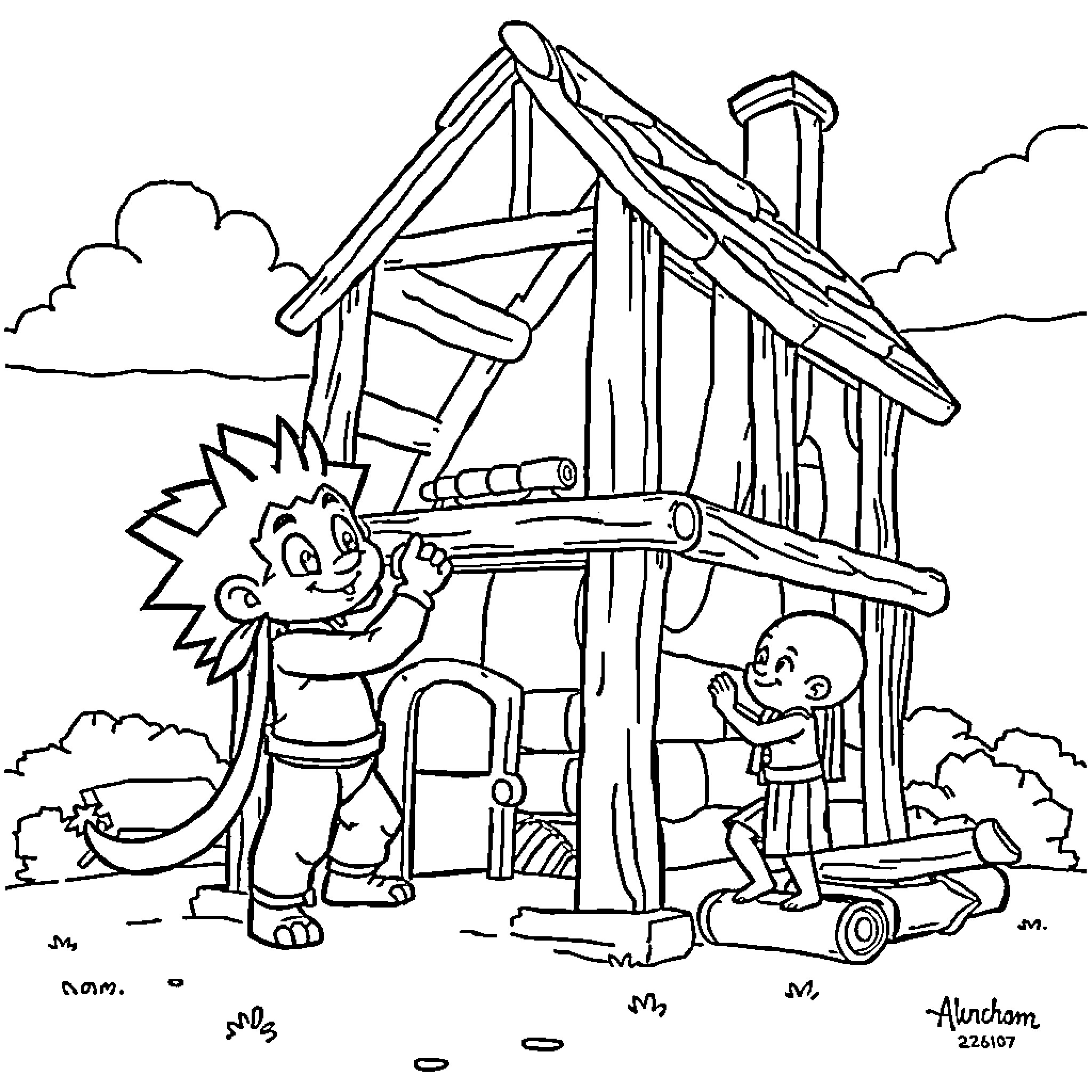 Piccolo characters in playful outdoor scene Coloring Page (free black-and-white line drawing printable PDF for all, from beginners to advanced learners, including children, teens, adults, and seniors)
