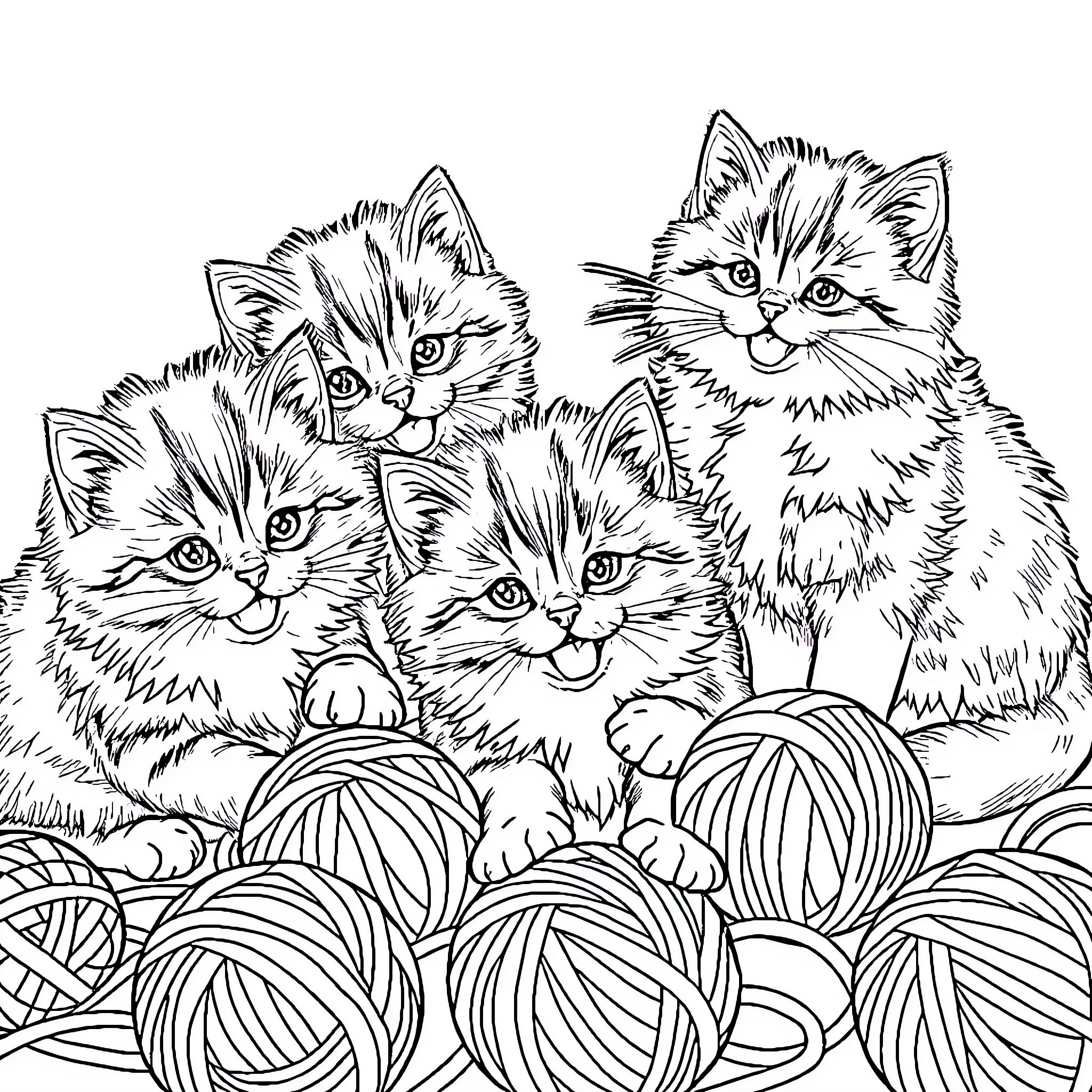 Kitty Kittens Playing Happily with Yarn Coloring Page (free black-and-white line drawing printable PDF for all, from beginners to advanced learners, including children, teens, adults, and seniors)