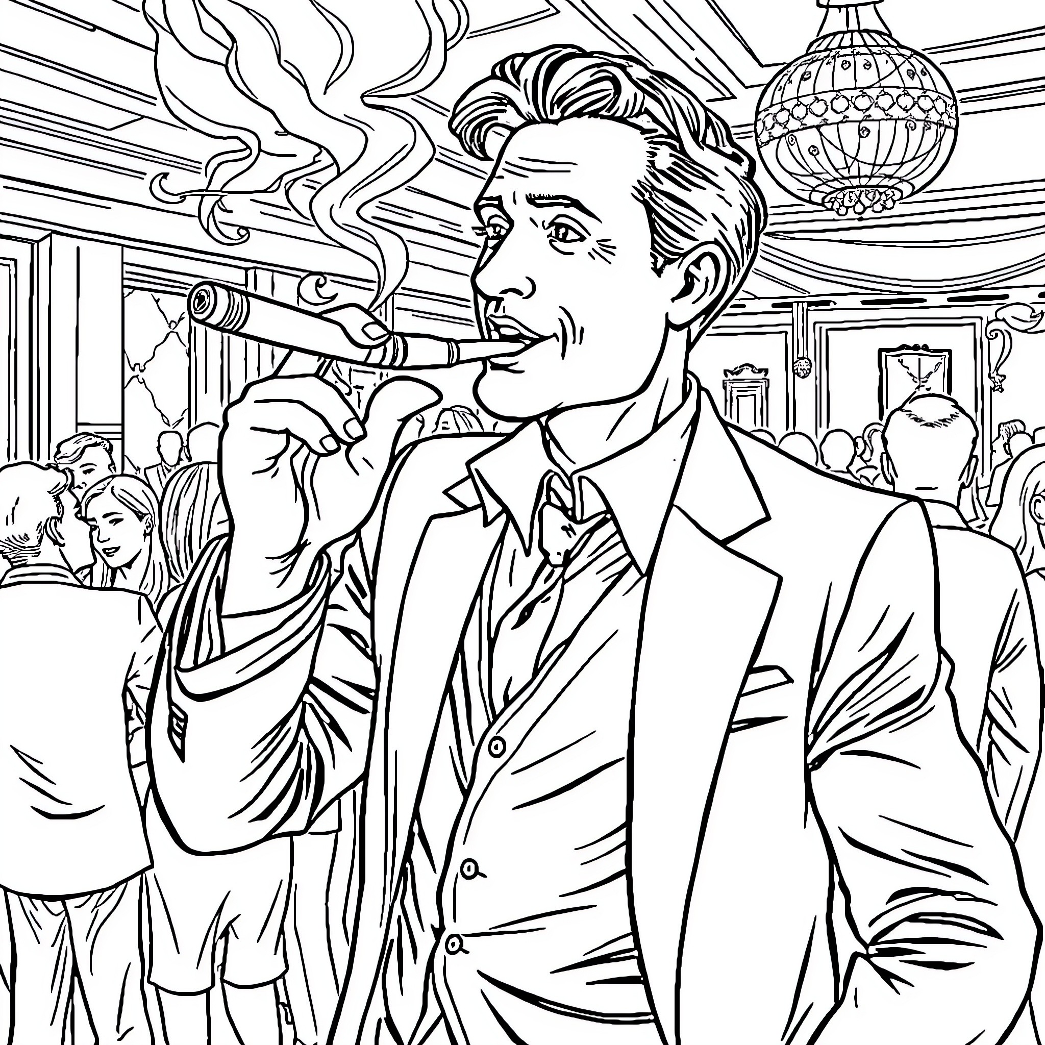 Cigar Smoker in Formal Attire at a Social Gathering Coloring Page (free black-and-white line drawing printable PDF for all, from beginners to advanced learners, including children, teens, adults, and seniors)