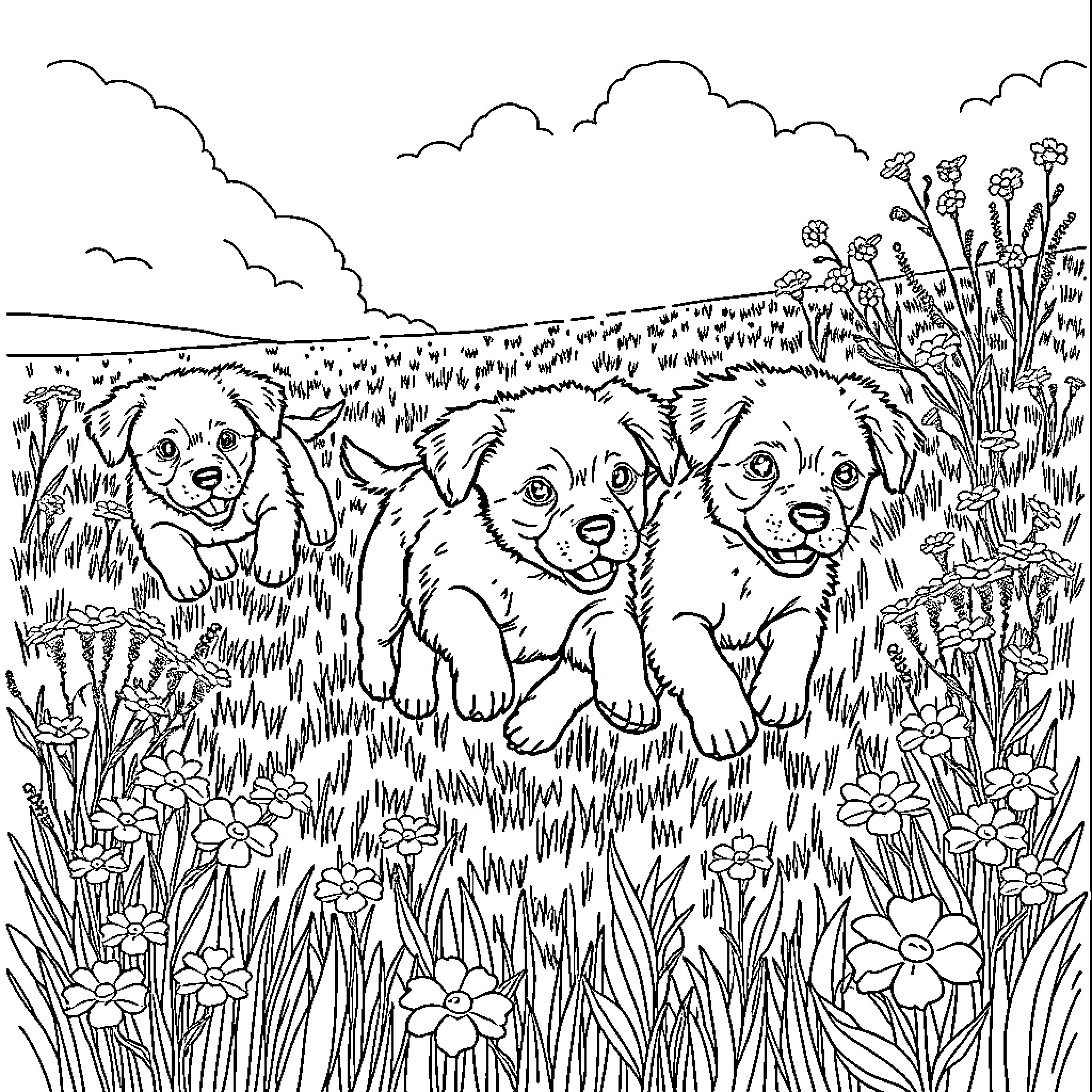 Puppy friends exploring the grassy field Coloring Page (free black-and-white line drawing printable PDF for all, from beginners to advanced learners, including children, teens, adults, and seniors)