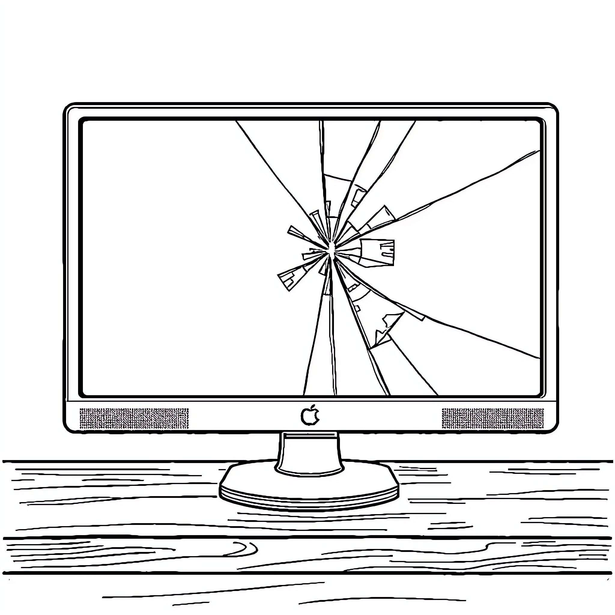 Computer Monitor with Shattered Screen Coloring Page (free black-and-white line drawing printable PDF for all, from beginners to advanced learners, including children, teens, adults, and seniors)