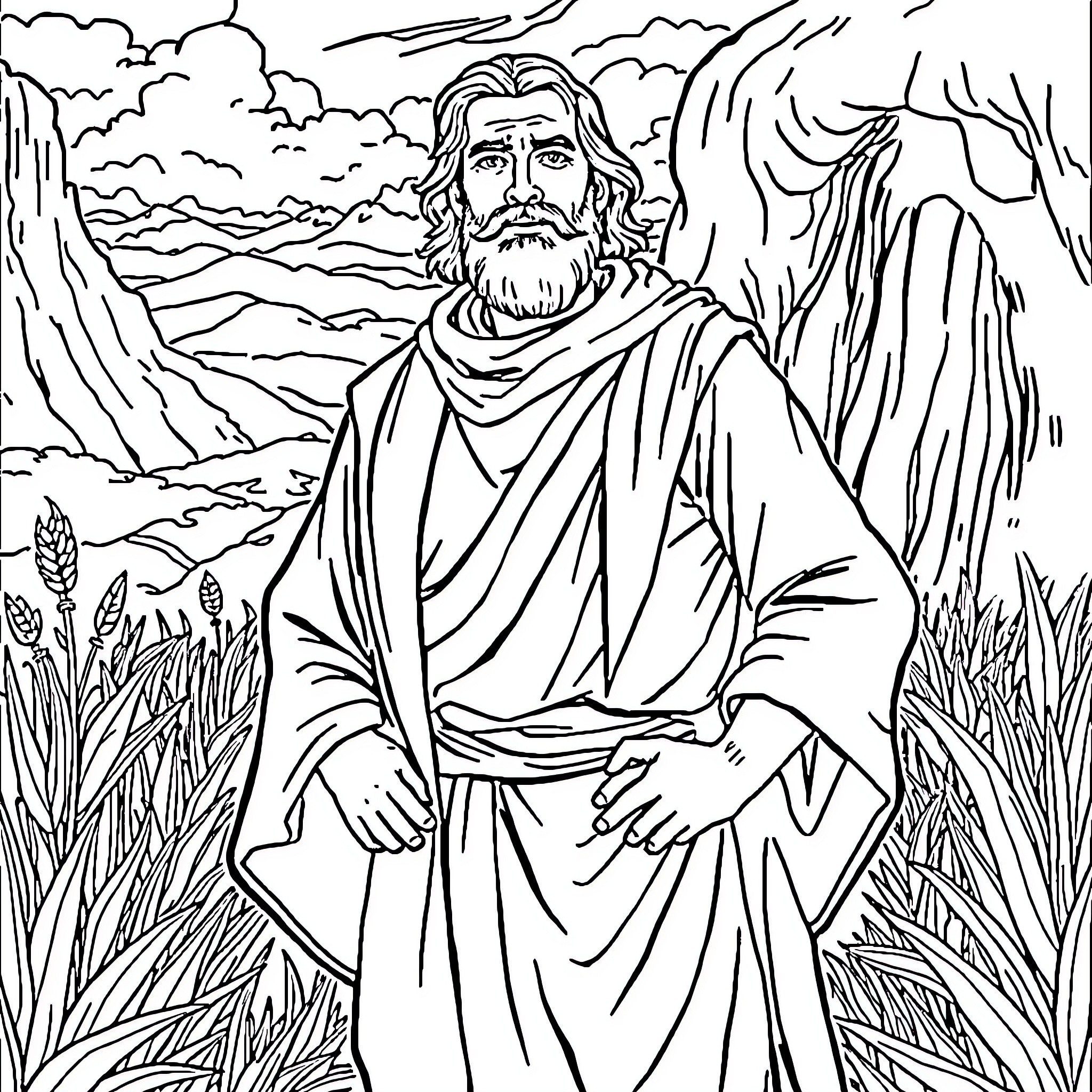 Joseph in the wilderness, contemplating the divine Coloring Page (free black-and-white line drawing printable PDF for all, from beginners to advanced learners, including children, teens, adults, and seniors)