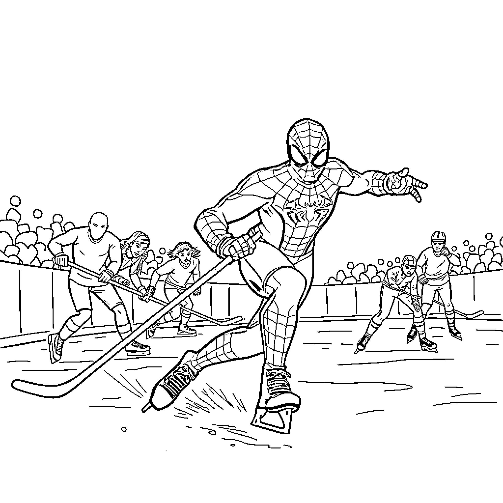 Spider-Man on Ice Hockey Rink with Crowd Coloring Page (free black-and-white line drawing printable PDF for all, from beginners to advanced learners, including children, teens, adults, and seniors)