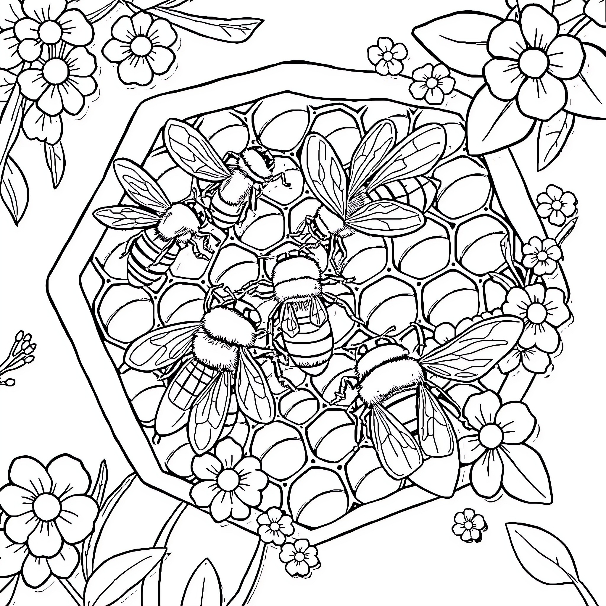 Bees buzzing among flowers in a hexagonal pattern Coloring Page (free black-and-white line drawing printable PDF for all, from beginners to advanced learners, including children, teens, adults, and seniors)