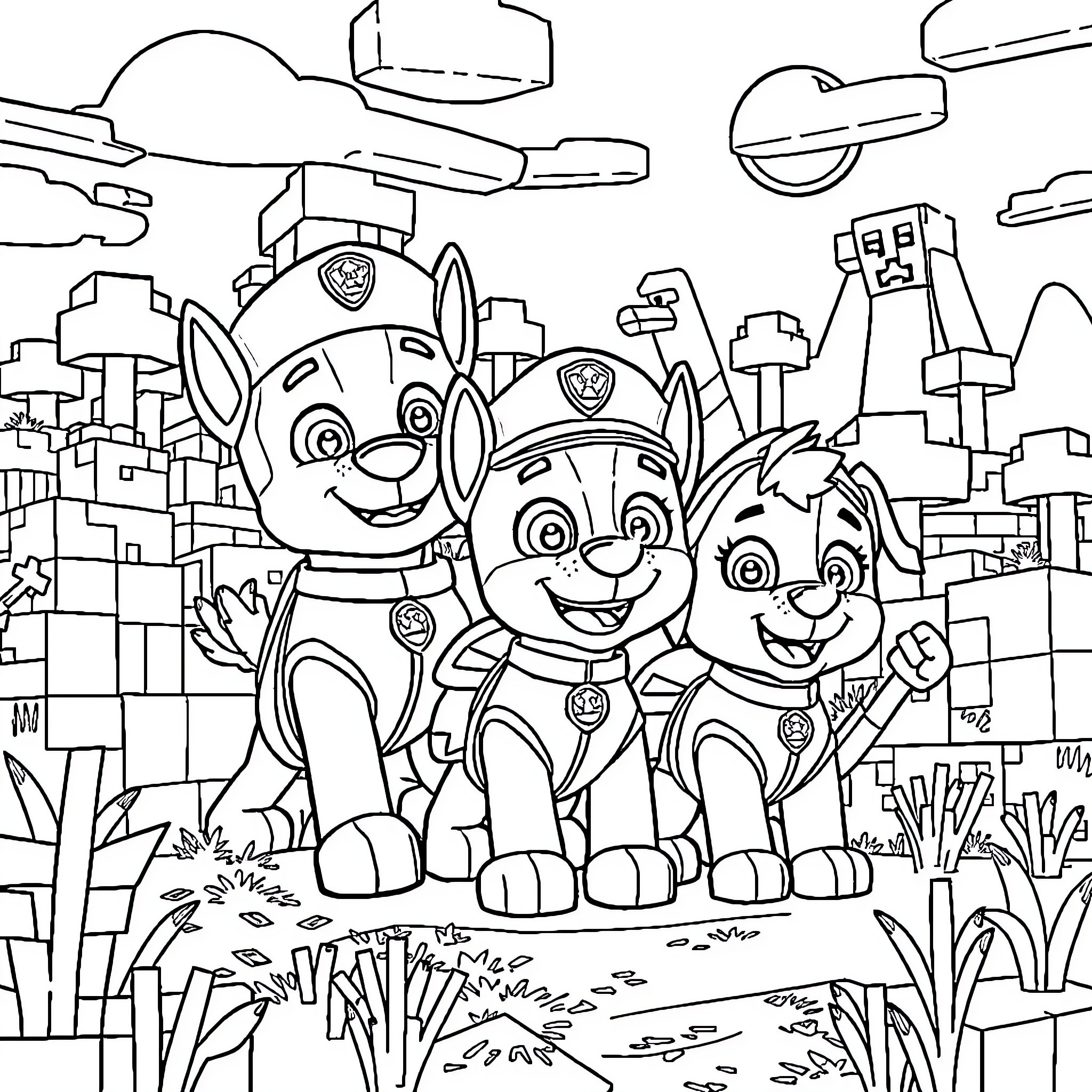 Paw Patrol Puppies Saving the Day in the City Coloring Page (free black-and-white line drawing printable PDF for all, from beginners to advanced learners, including children, teens, adults, and seniors)